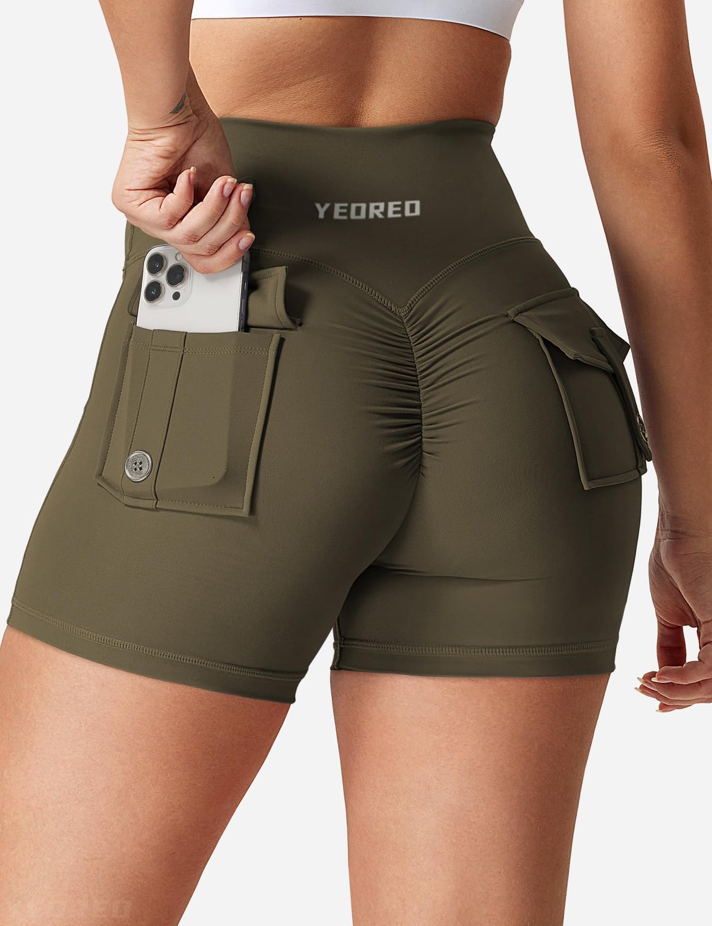 YEOREO Scrunch Workout Shorts with Pockets Charm Gym Biker Shorts for Women High Waisted Yoga Booty Shorts Olive Green S