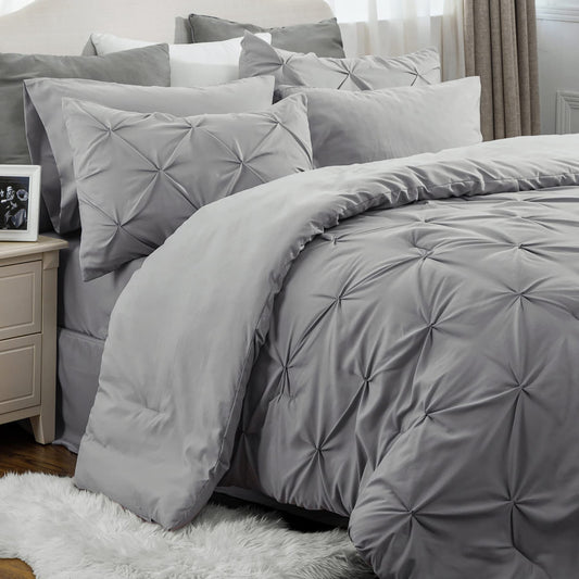 Bedsure California King Comforter Set Grey - Bed in a Bag California King Size 7 Pieces, GentleSoft™ Pintuck Bed Set Gift for Family, Pinch Pleat Grey Comforter with Sheets, Pillowcases & Shams