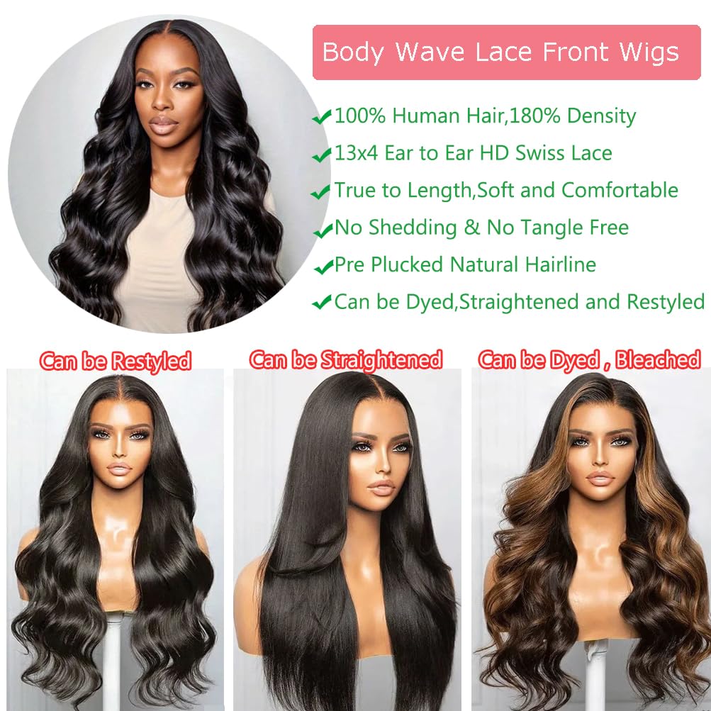 Vipeony 28 Inch Body Wave Lace Front Wigs Human Hair 13x4 HD Lace Front Wigs Human Hair Glueless Wigs Human Hair Pre Plucked Frontal Wigs Human Hair for Women 180% Density Body Wave Wig with Baby Hair