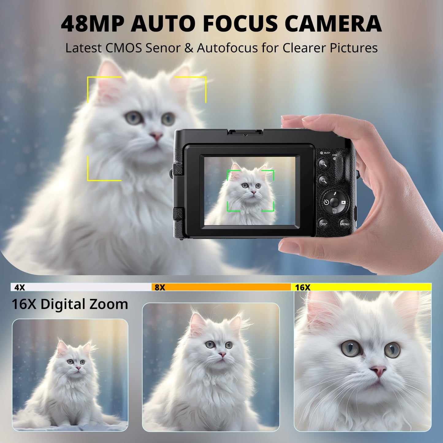 4K Digital Camera for Photography Autofocus, 2024 Latest 48MP Vlogging Camera for YouTube with SD Card, 2 Batteries, 3" 180°Flip Screen Compact Travel Camera for Teens with 16X Zoom, Anti-Shake,Black