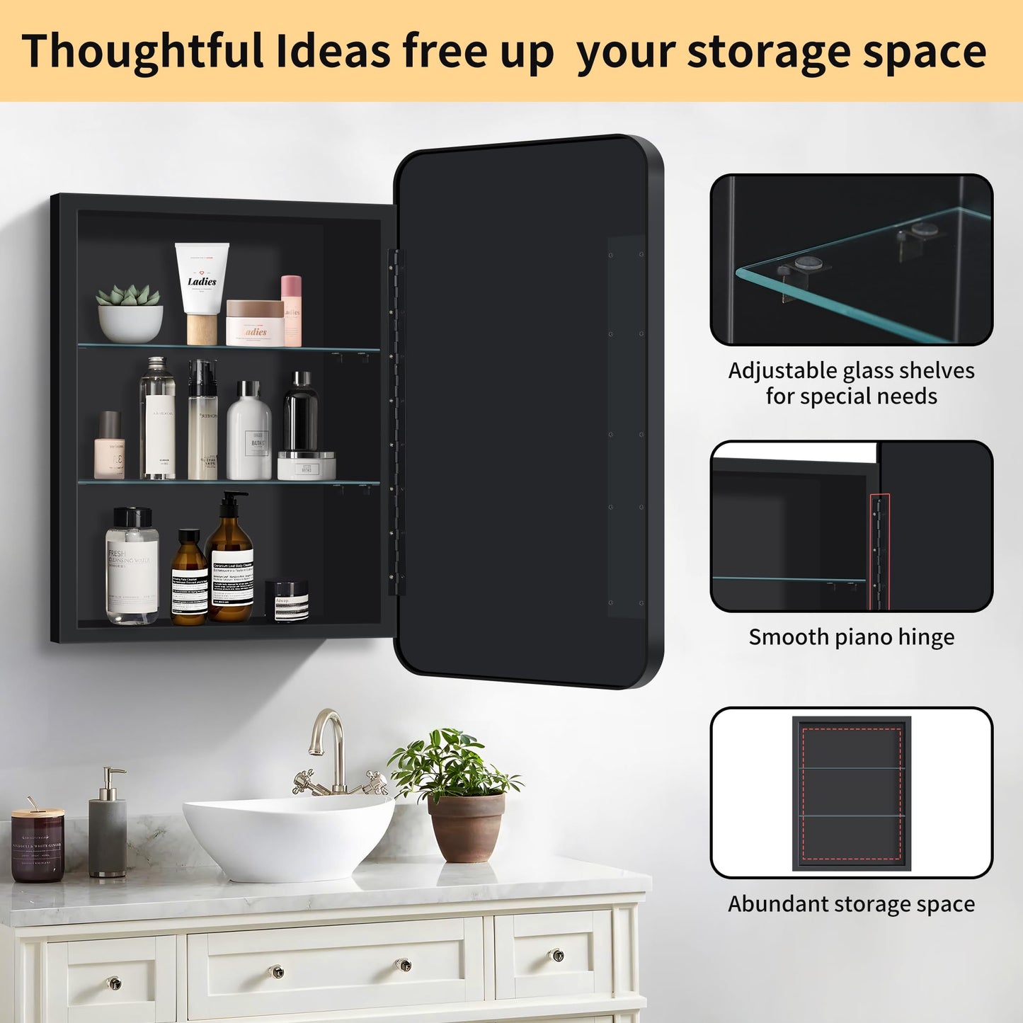 NIMURY Recessed Medicine Cabinet with Mirror, Metal Framed 16x24In Bathroom Mirror Cabinet Wall Mounted, Rounded Rectangle Vanity Mirror with Storage, Black Wall Cabinets Mirror for Bathroom Storage