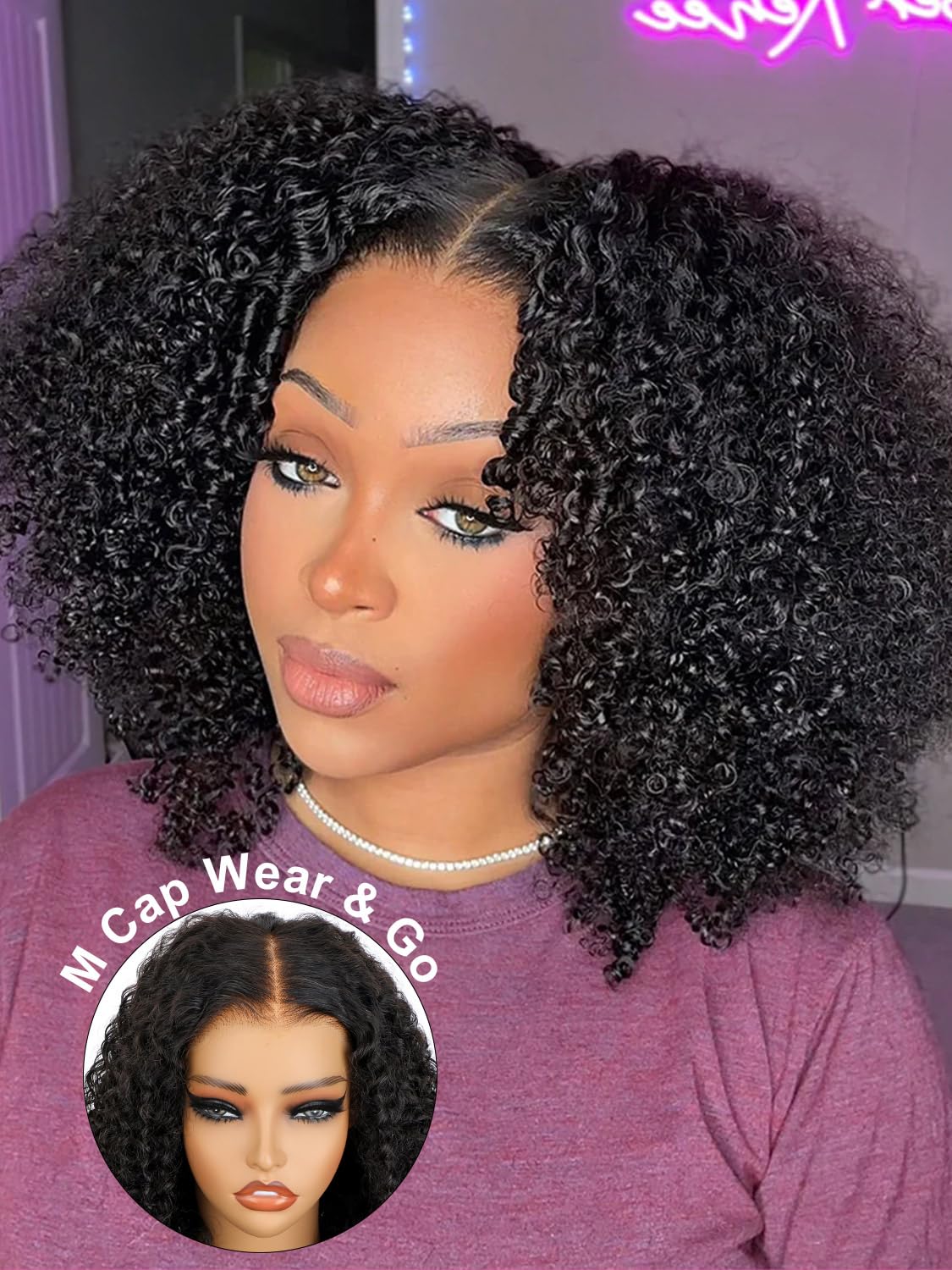 ISEE M-Cap Kinky Curly Wear Go Glueless Wigs Human Hair Pre Plucked Pre Cut Bleached Knots 9x6 HD Lace Glueless Human Hair Wigs For Women 16 Inch