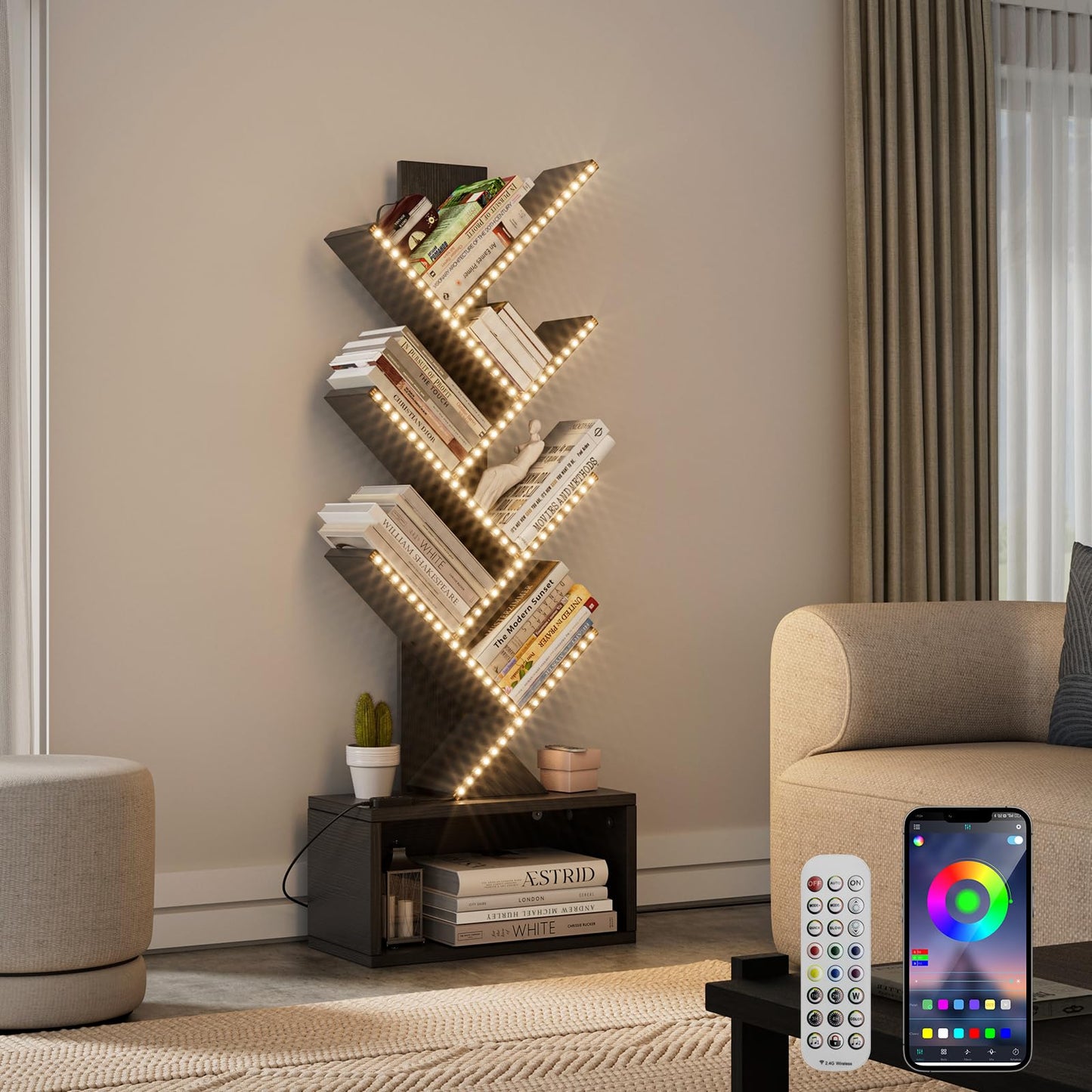 Evermagin 6 Tier Tree Bookshelf with LED Light, Vertical Bookcase Tower with Remote App Control, Music Sync Color Changing Floor Standing Book Shelf, Black