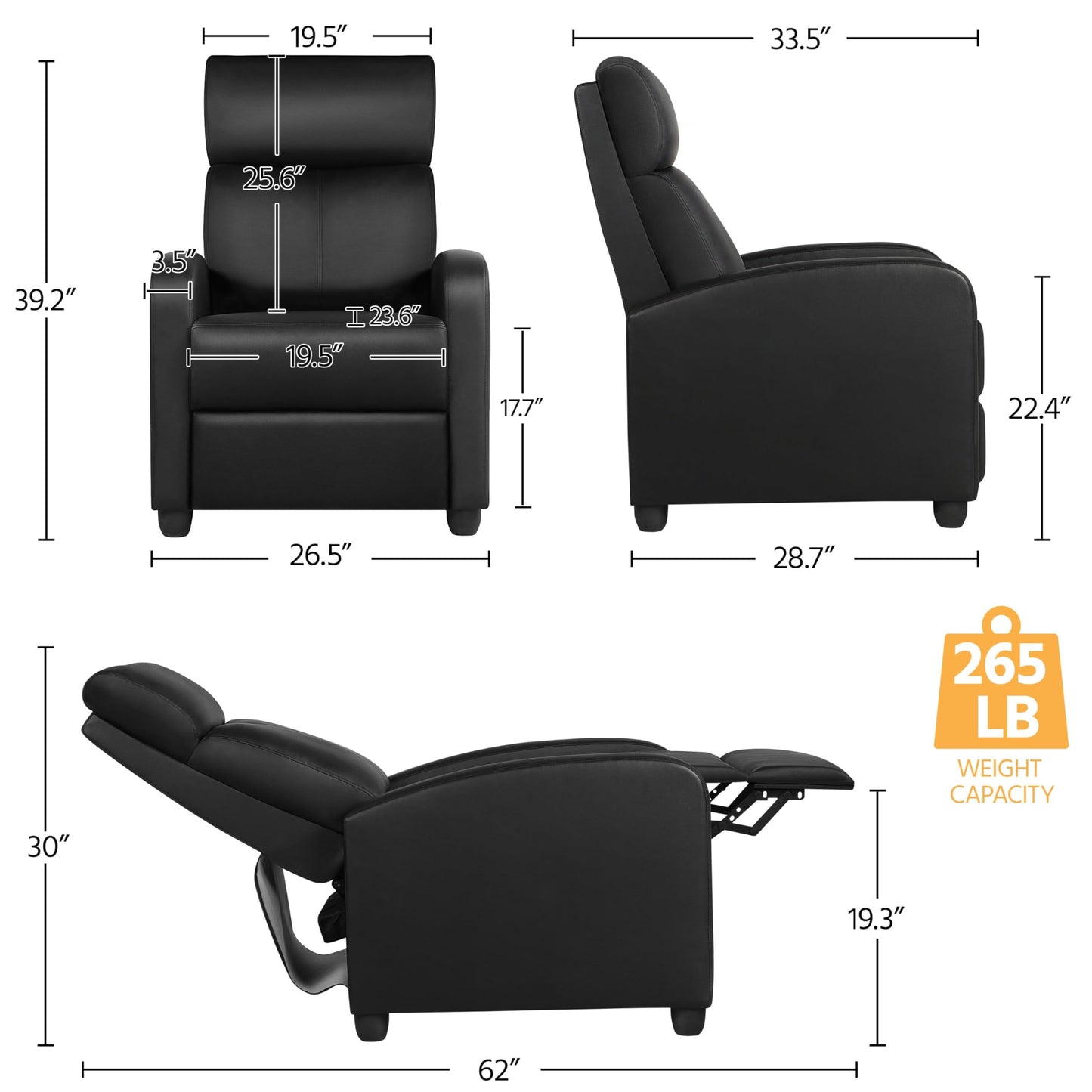 Yaheetech Recliner Chair PU Leather Recliner Sofa Home Theater Seating with Lumbar Support Overstuffed High-Density Sponge Push Back Recliners Armchair for Living Room