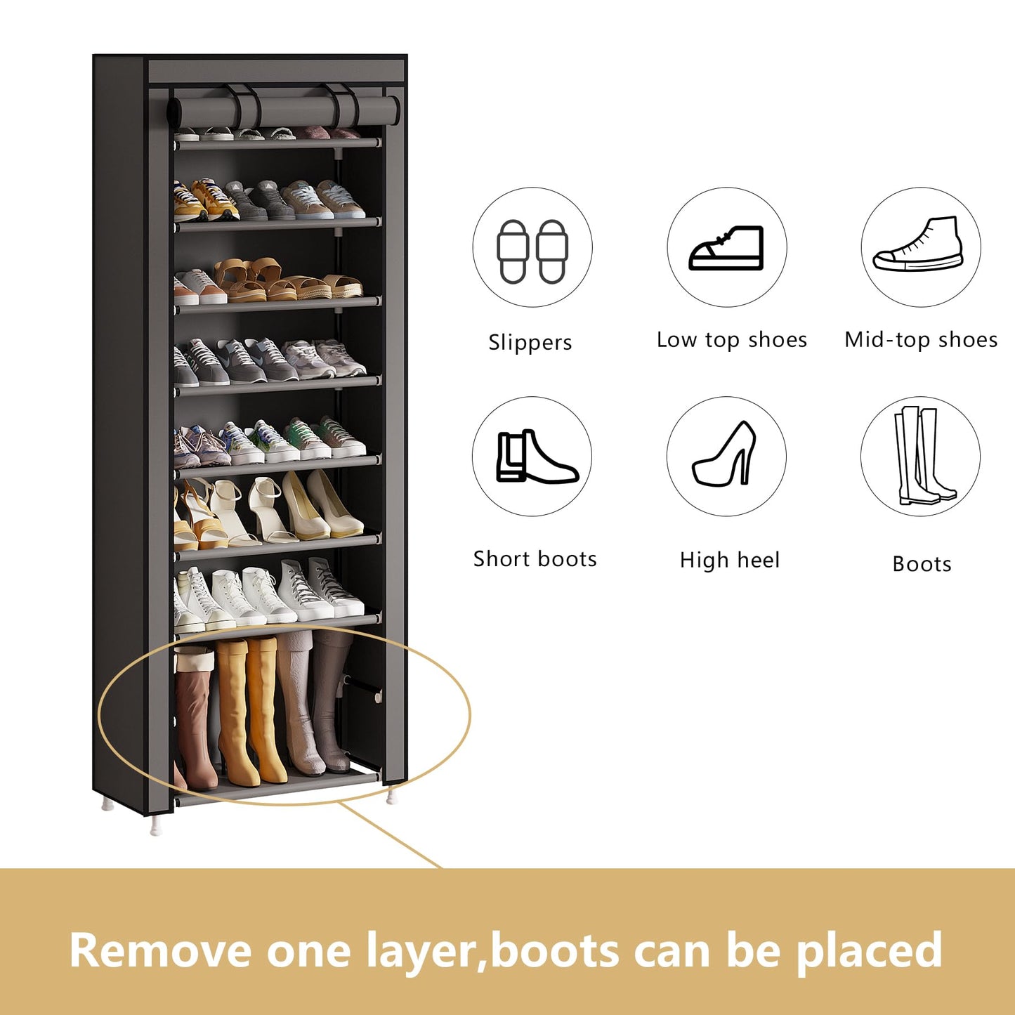 Calmootey 9 Tier Shoe Rack Organizer,Portable Shoe Shelf with Nonwoven Fabric Cover for Closet Hallway,Bedroom,Entryway,Grey