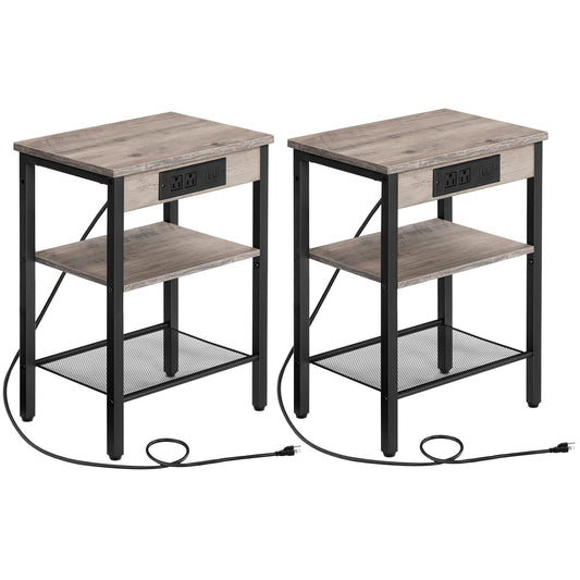 HOOBRO End Tables Set of 2 with Charging Station and USB Ports, 3-Tier Nightstands with Adjustable Shelves, Small Side Tables for Small Space in Living Room, Bedroom and Balcony, Greige BG112BZP201