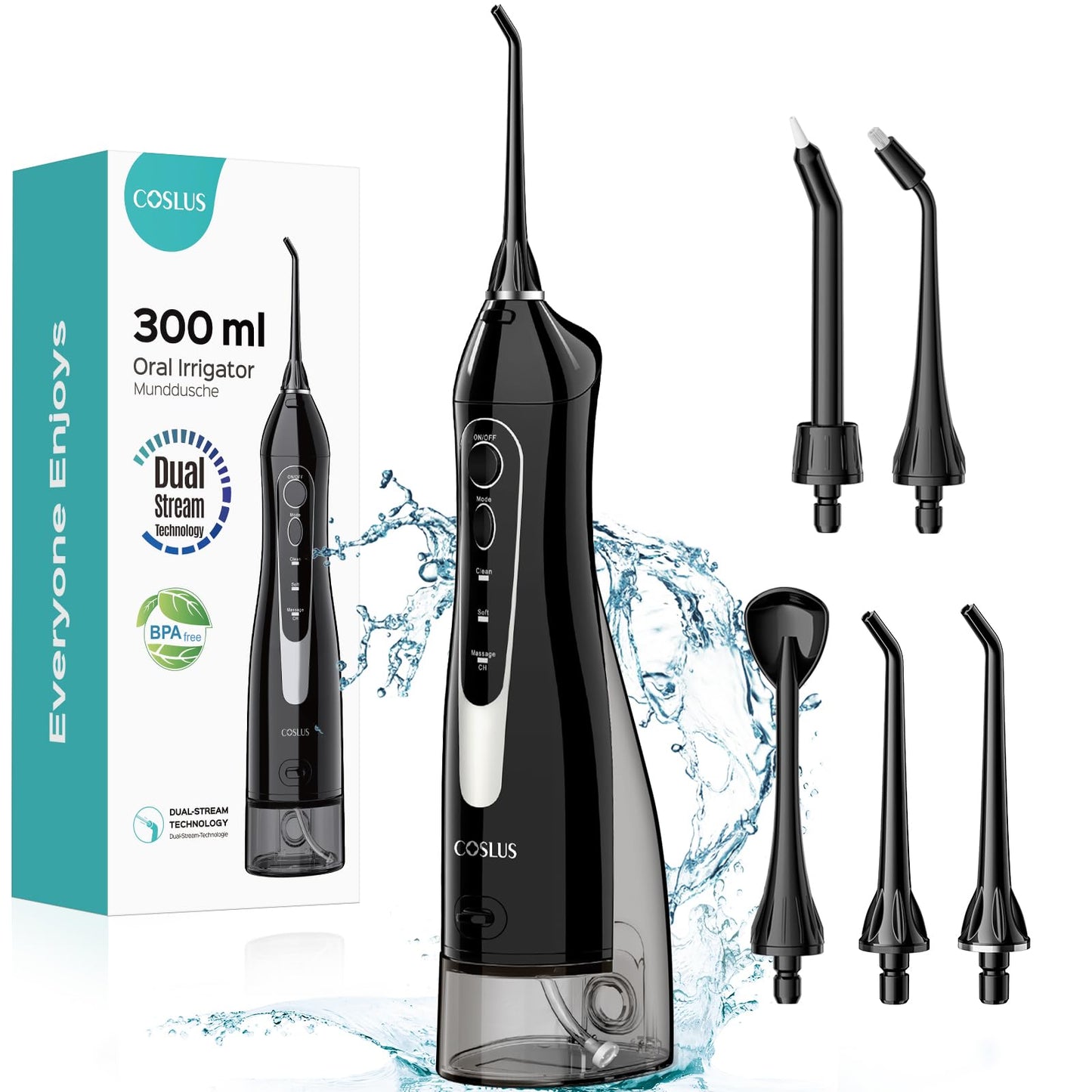 COSLUS Water Dental Flosser Teeth Pick: Portable Cordless Oral Irrigator 300ML Rechargeable Travel Irrigation Cleaner IPX7 Waterproof Electric Flossing Machine for Teeth Cleaning C20(F5020E)