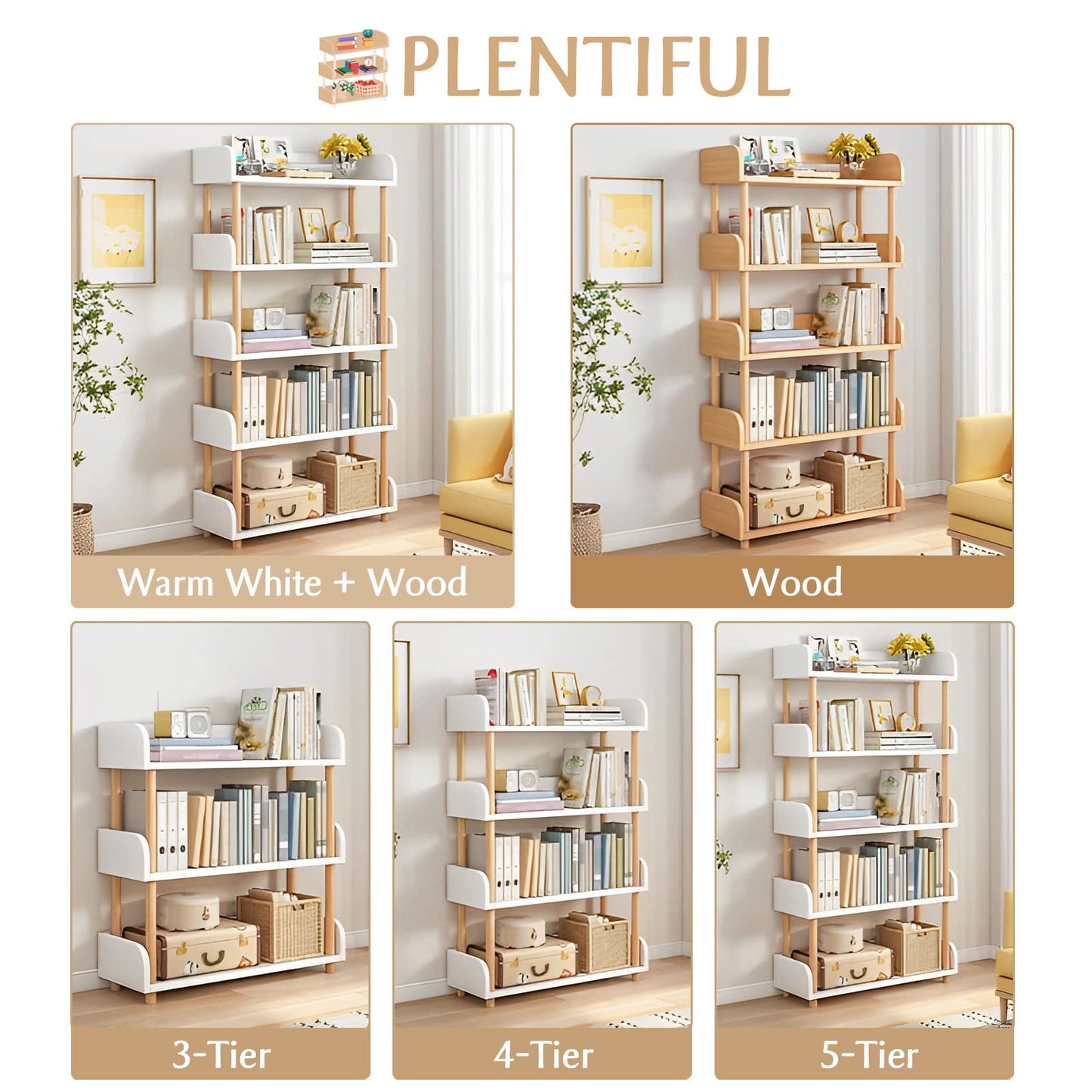 OSCHF 5-Tier Wooden Open Bookcase - Modern Display Bookshelf with Side Panels and Solid Wood Frame for Home and Office, Shelf Unit in Warm White