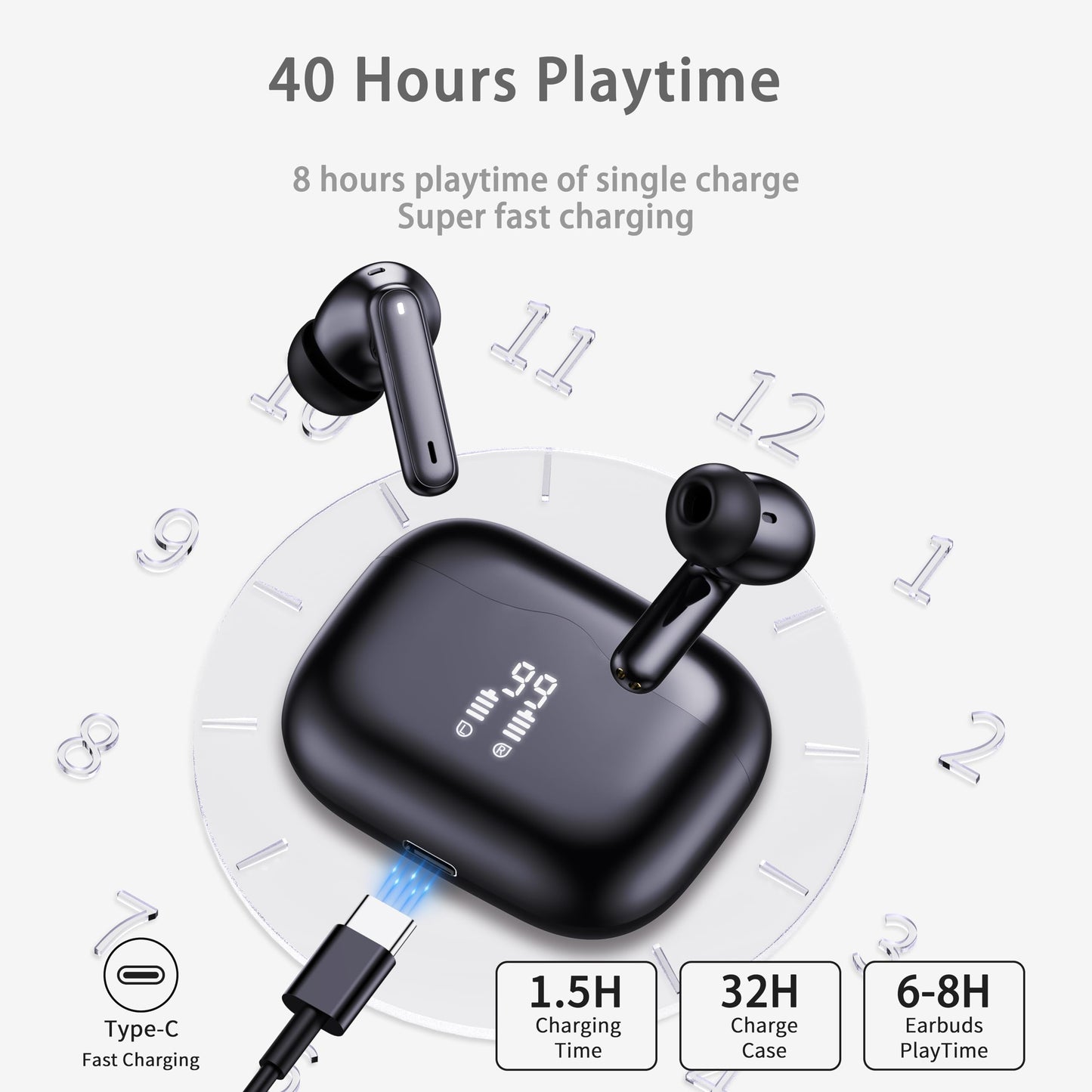 Wireless Earbuds, Bluetooth 5.4 Headphones in Ear with 4 ENC Noise Cancelling Mic, New Wireless Earphones HiFi Stereo Deep Bass 40H Playtime, In-Ear Bluetooth Earbuds LED Display IP7 Waterproof, USB-C