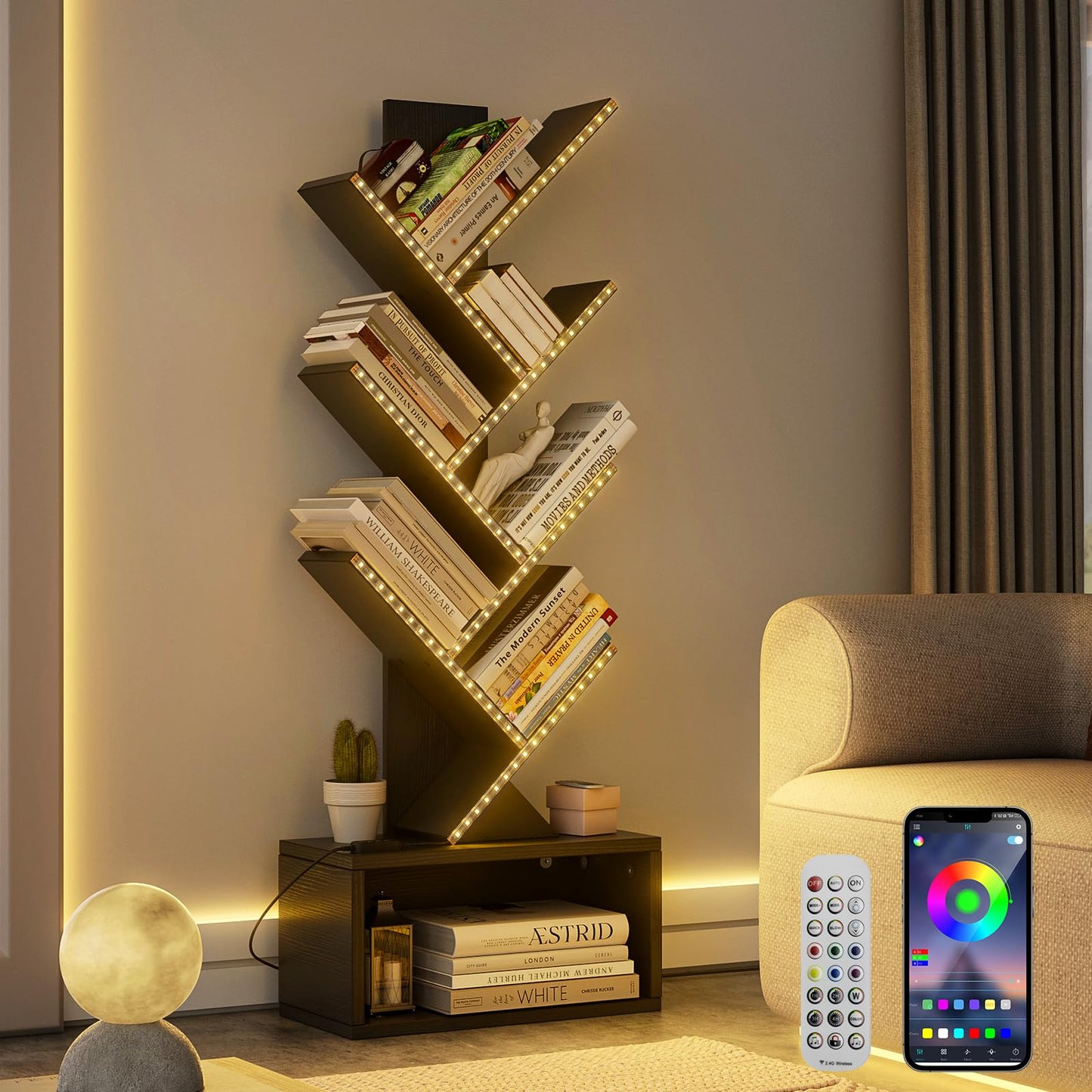 Evermagin 6 Tier Tree Bookshelf with LED Light, Vertical Bookcase Tower with Remote App Control, Music Sync Color Changing Floor Standing Book Shelf, Black