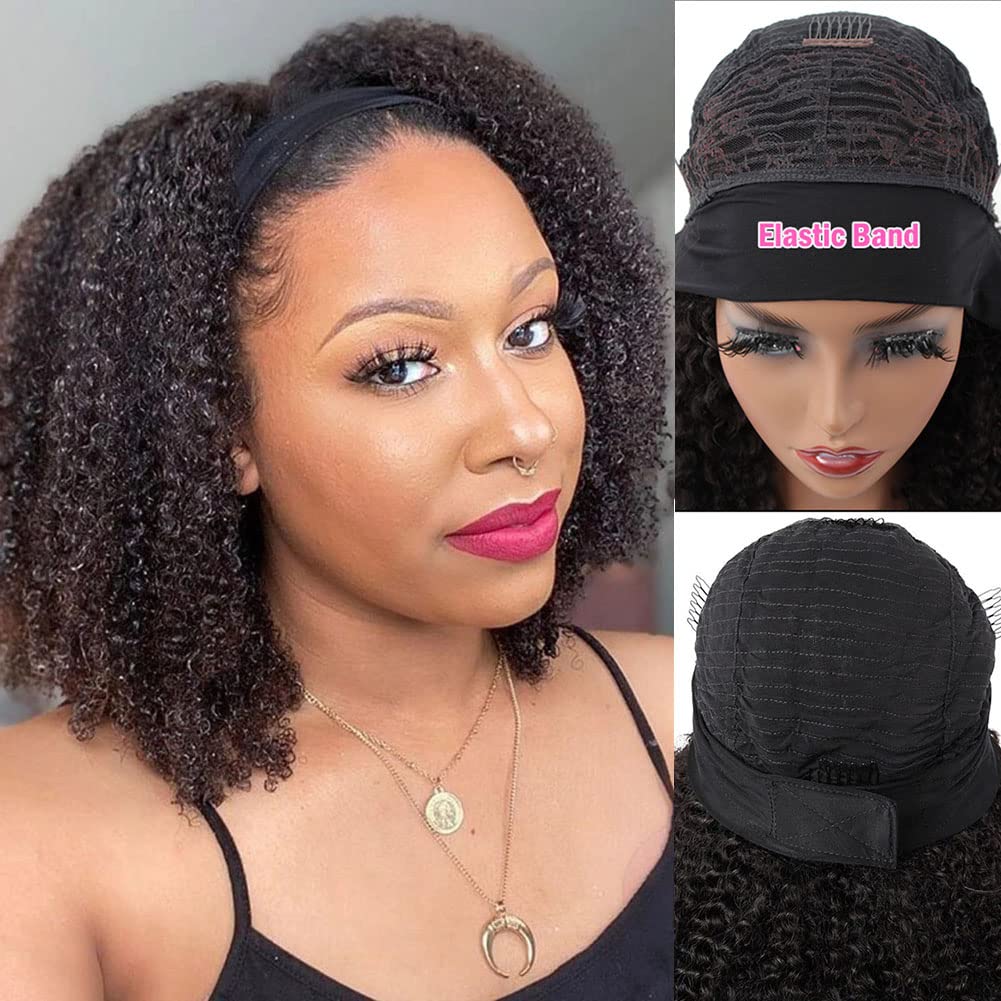 ISEE Hair Afro Kinky Curly Headband Wig Human Hair 180% Density Afro Wigs for Black Women Natural Curls 10A Glueless Human Hair Wigs (16 Inch)