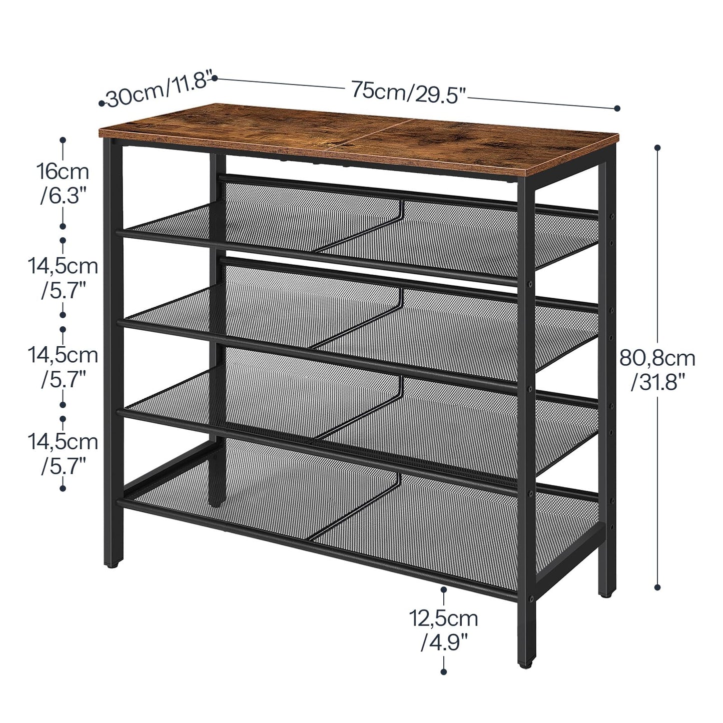 HOOBRO Shoe Rack for Entryway, 5-Tier Shoe Organizer with Adjustable Mesh Shelves, 16-20 Pairs of Shoes, Spacious Floor Mount, Metal, Industrial, Shoe Shelf for Closet, Rustic Brown BF12XJ01