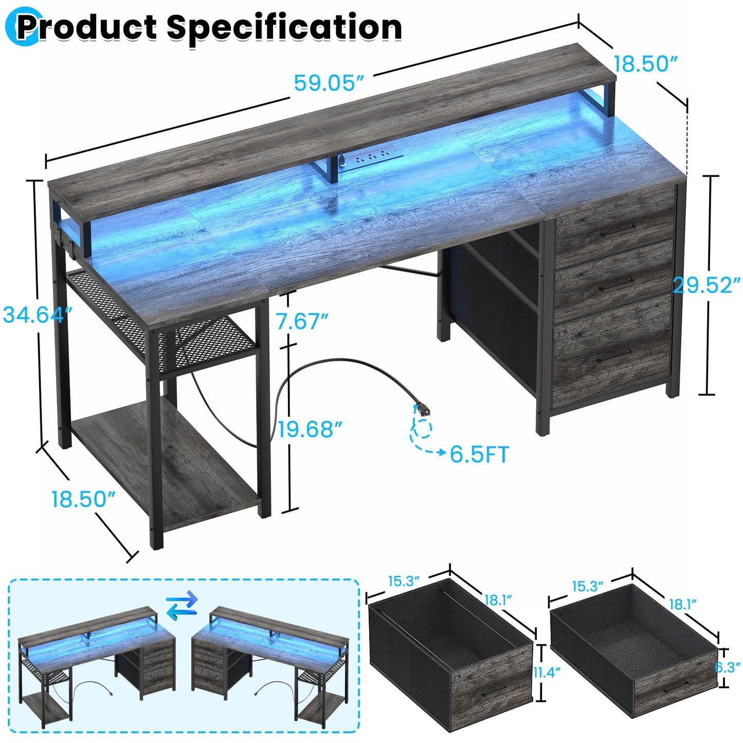 Aheaplus Gaming Desk with LED Lights and Power Outlets, 59 inch Computer Desk with Fabric File Drawers, Home Office Desk with Monitor Stand and Storage Shelves, Writing Desk Work Desk, Black Oak