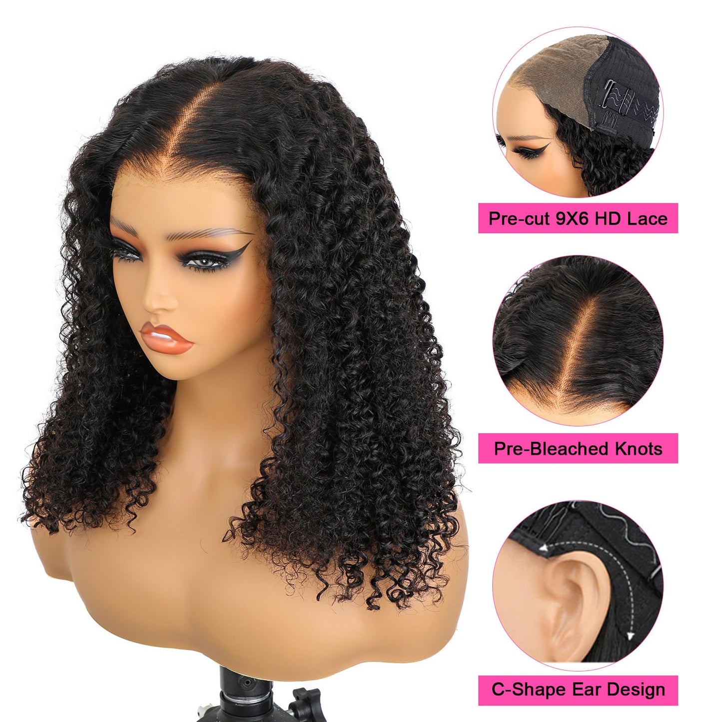 ISEE M-Cap Kinky Curly Wear Go Glueless Wigs Human Hair Pre Plucked Pre Cut Bleached Knots 9x6 HD Lace Glueless Human Hair Wigs For Women 16 Inch