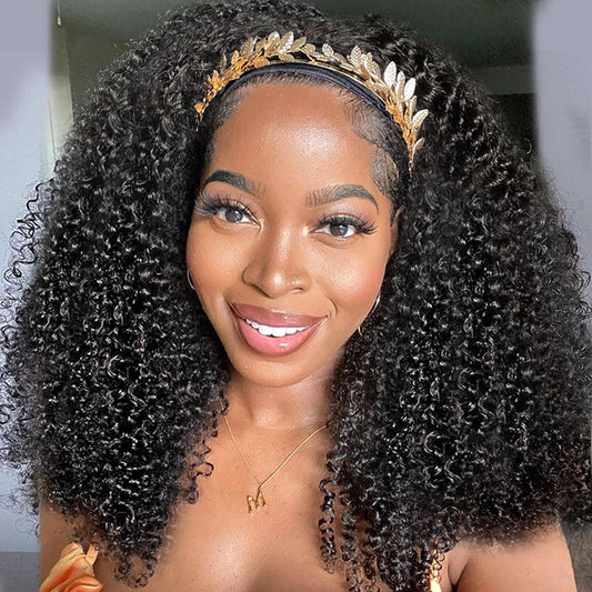 XSY Headband Wig Human Hair 20 Inch Kinky Curly Headband Wigs for Black Women Curly Human Hair Wigs Glueless None Lace Front Wig Brazilian Virgin Human Hair 150% Density Natural Black Color