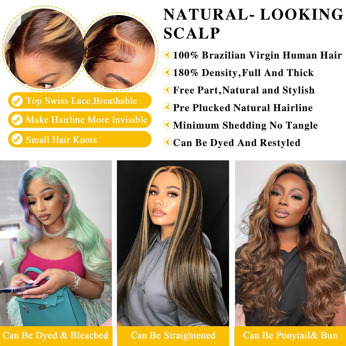 SPOU Highlight Ombre 13x6 Lace Front Wig Human Hair 28 Inch Body Wave Honey Blonde Glueless HD Transparent Lace Frontal Wigs for Women 180 Density Human Hair Pre Plucked with Baby Hair