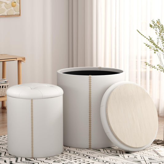 ACEQLYT® Multifunctional Round Storage Ottoman Foot Rest Coffee Side Table for Bedroom Living Room Dorm, White PU Leather Upholstered Ottoman Set of 2, Decorative Home Furniture