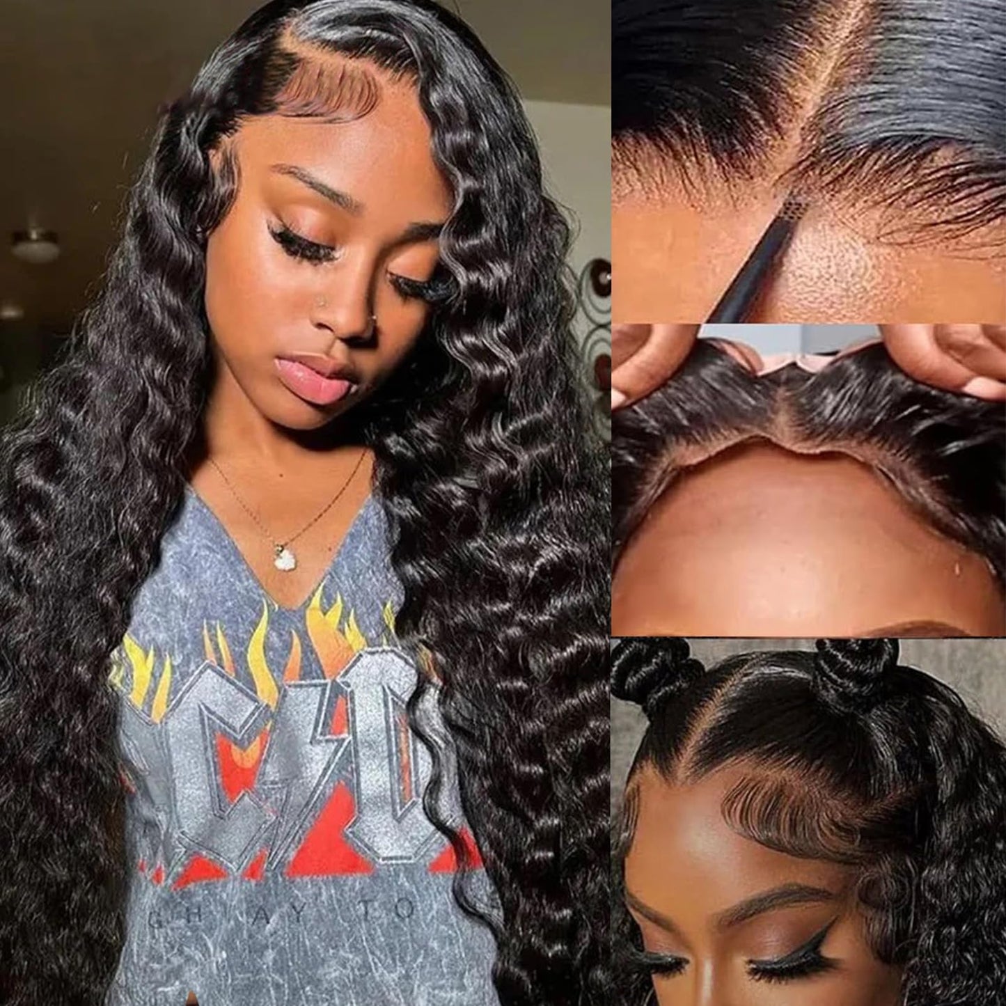 Wear and Go Glueless Wigs Human Hair Loose Deep Wave Lace Front Wigs Human Hair 12A Glueless Wigs Human Hair Pre Plucked Pre Cut 5x5 HD Closure Wigs Bleached Knots 210% Density (28 Inch)