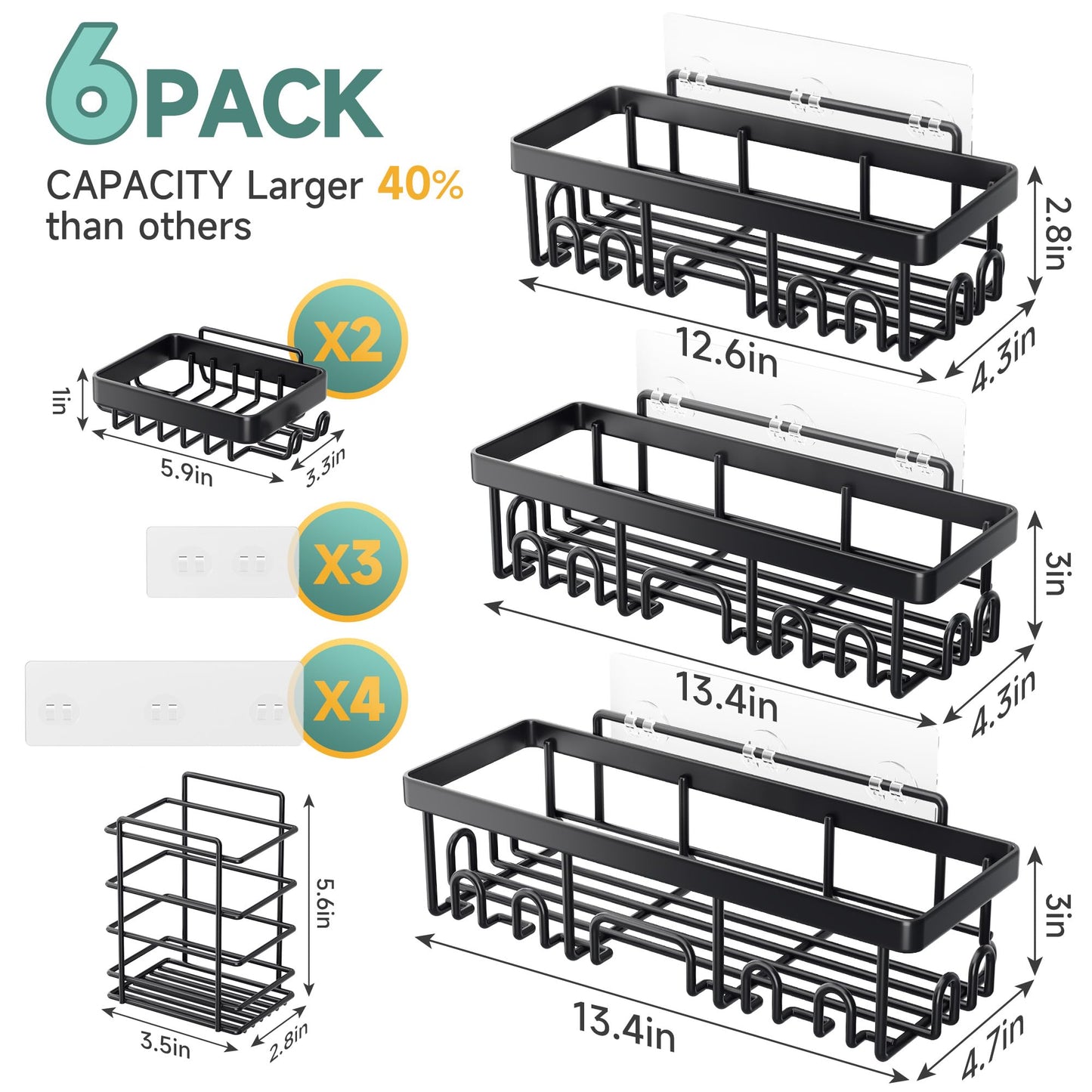 Veken Stainless Steel Shower Caddy 6-Pack, Adhesive Rustproof Shelves Rack with Soap Holder, Large Capacity Bathroom Organizers and Storage, No Drilling Wall-Mounted Kitchen & Home Decor, Bath Decor