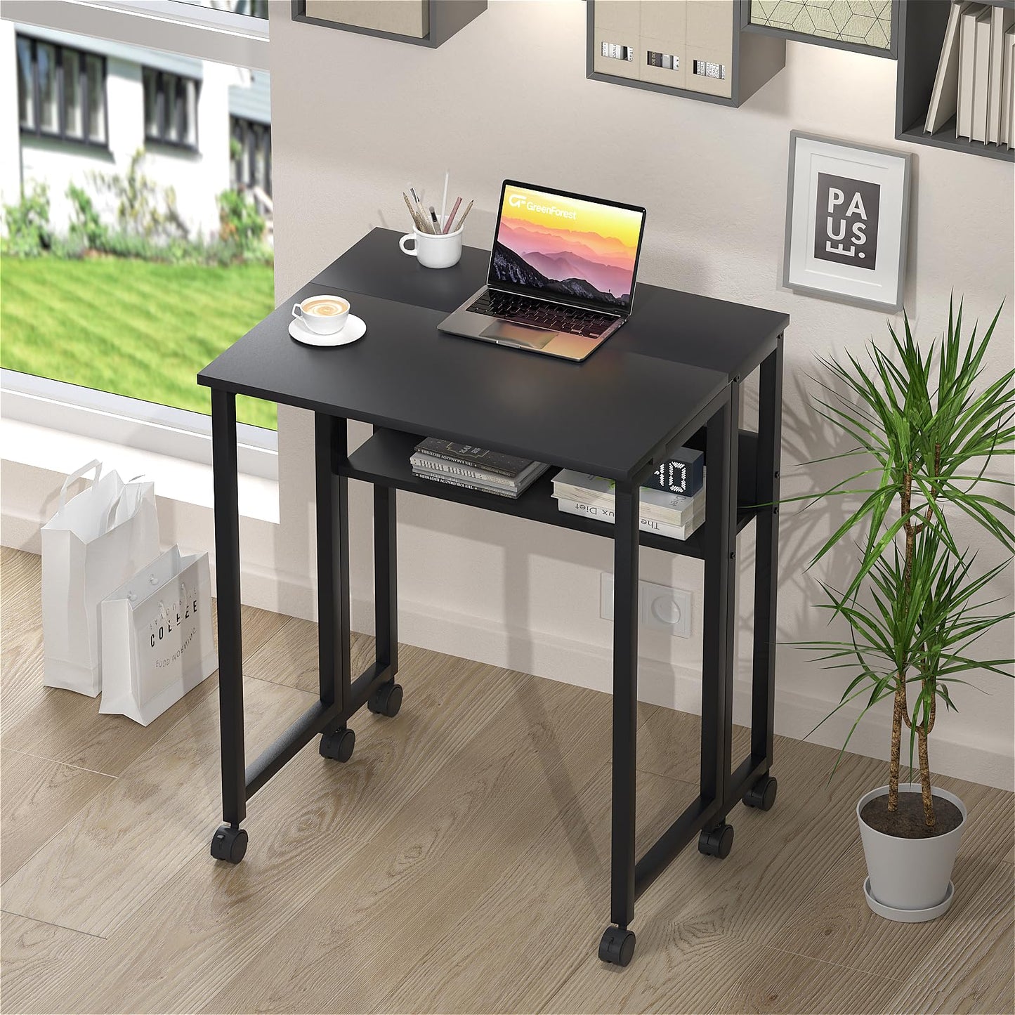 GreenForest Folding Desk Small Rolling Desk with Storage Shelf,24.8 inch Foldable Computer Desk with Wheels for Small Space,Easy Assembly,Black