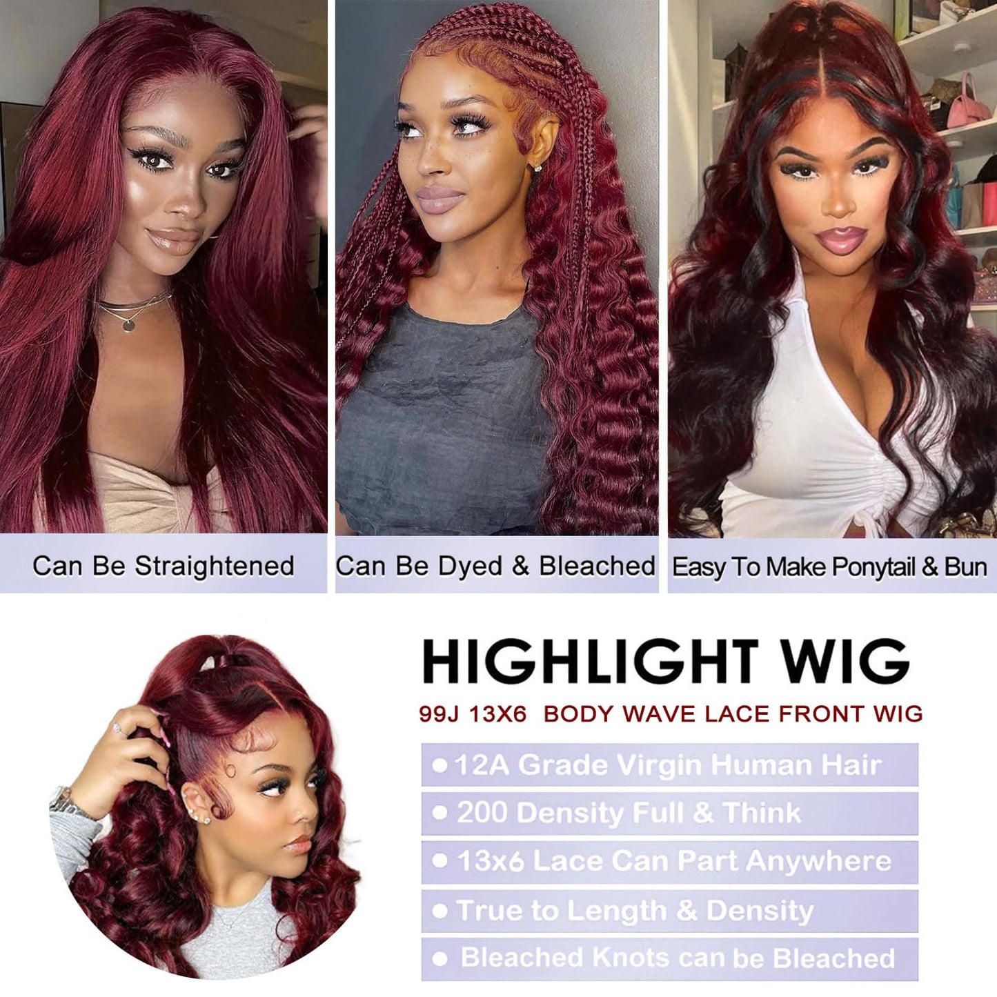 30 Inch 99j Burgundy 13x6 Body Wave Lace Front Wigs Human Hair 200% Density Glueless HD Transparent Lace Frontal Wigs Human Hair Pre Plucked With Baby Hair Burgundy Wine Red Human Hair Wigs For Women