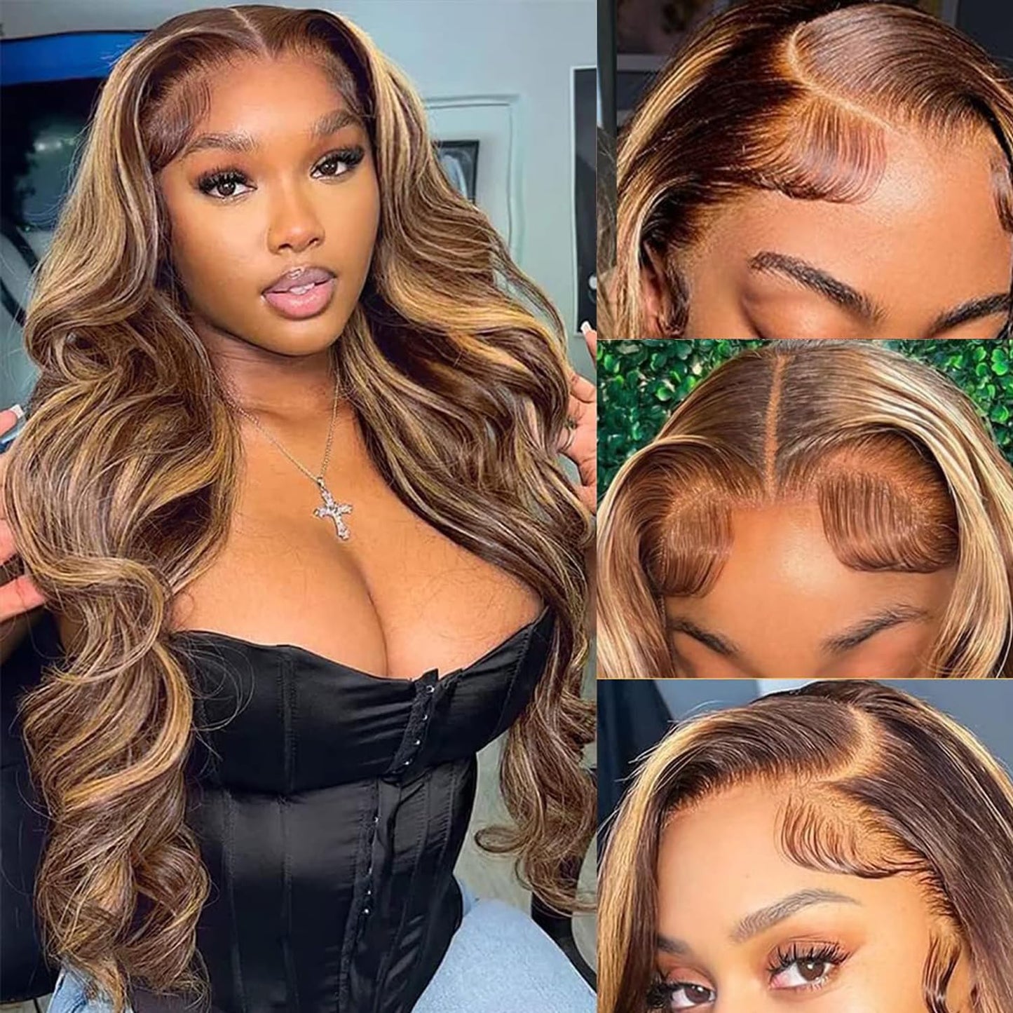 SPOU Highlight Ombre 13x6 Lace Front Wig Human Hair 28 Inch Body Wave Honey Blonde Glueless HD Transparent Lace Frontal Wigs for Women 180 Density Human Hair Pre Plucked with Baby Hair