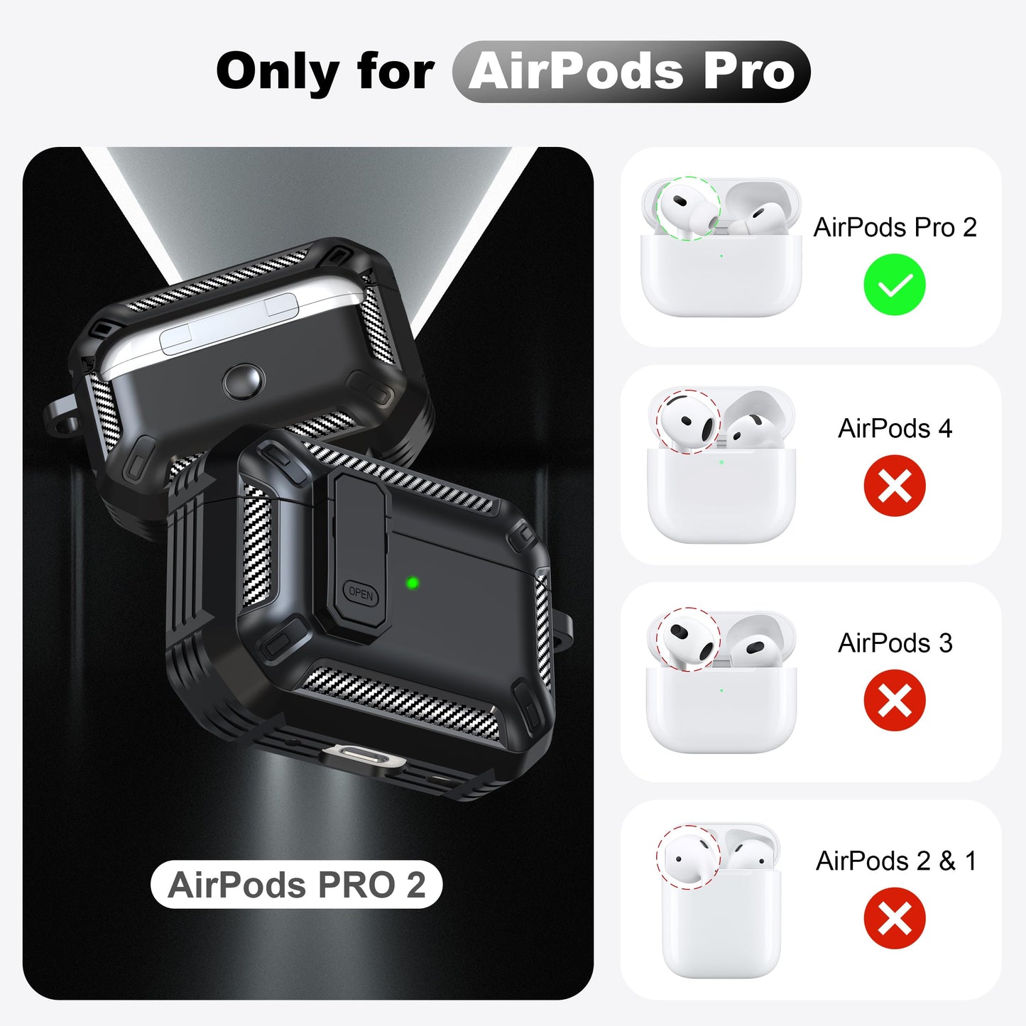 RFUNGUANGO for AirPods Pro 2nd Gen Protective Case with Cleaning Kit, Military Hard Case with Lock for AirPod Gen 2 Charging Case 2023, 2022, Black