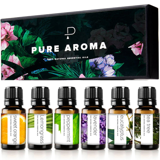 PURE AROMA Essential oils 100% Pure Therapeutic Grade Oils kit- Top 6 Aromatherapy Oils Gift Set-6 Pack, 10ML(Eucalyptus, Lavender, Lemon grass, Orange, Peppermint, Tea Tree)