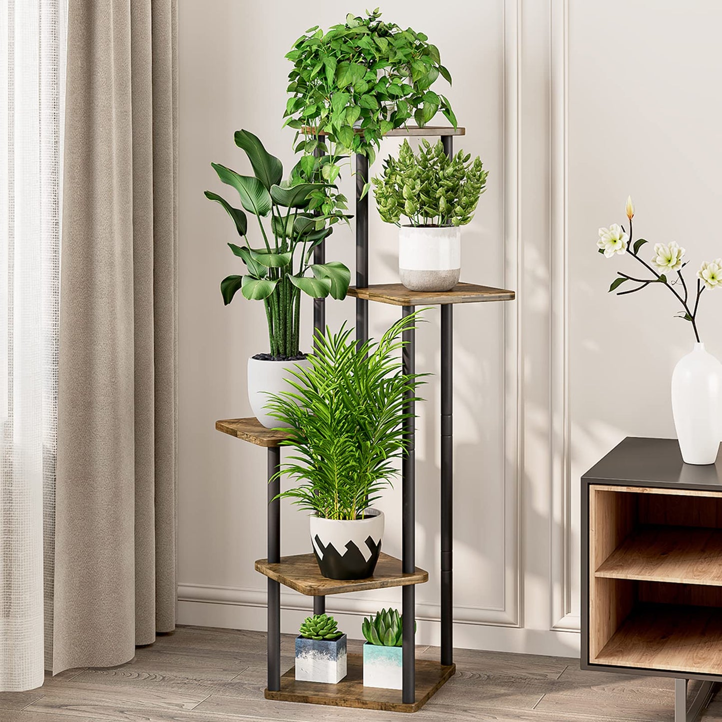 AZERPIAN Plant Stand 5 Tier Indoor Metal Flower Shelf for Multiple Plants Corner Tall Flower Holders for Patio Garden Living Room Balcony Bedroom, Black (5 Tier-Black)