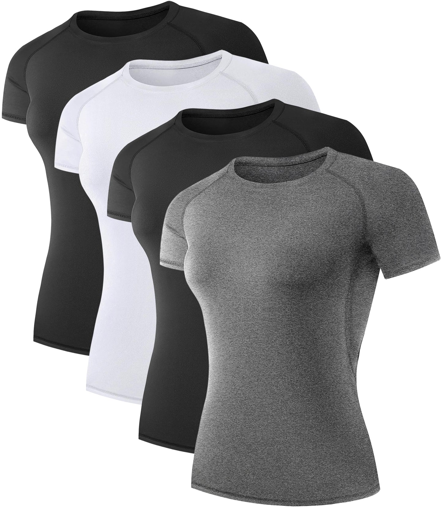 TELALEO 4 Pack Women's Compression Shirt Running Athletic T-Shirts Workout Tops Baselayer Short Sleeve Yoga Gym Sports Gear 2Black/Grey/White S