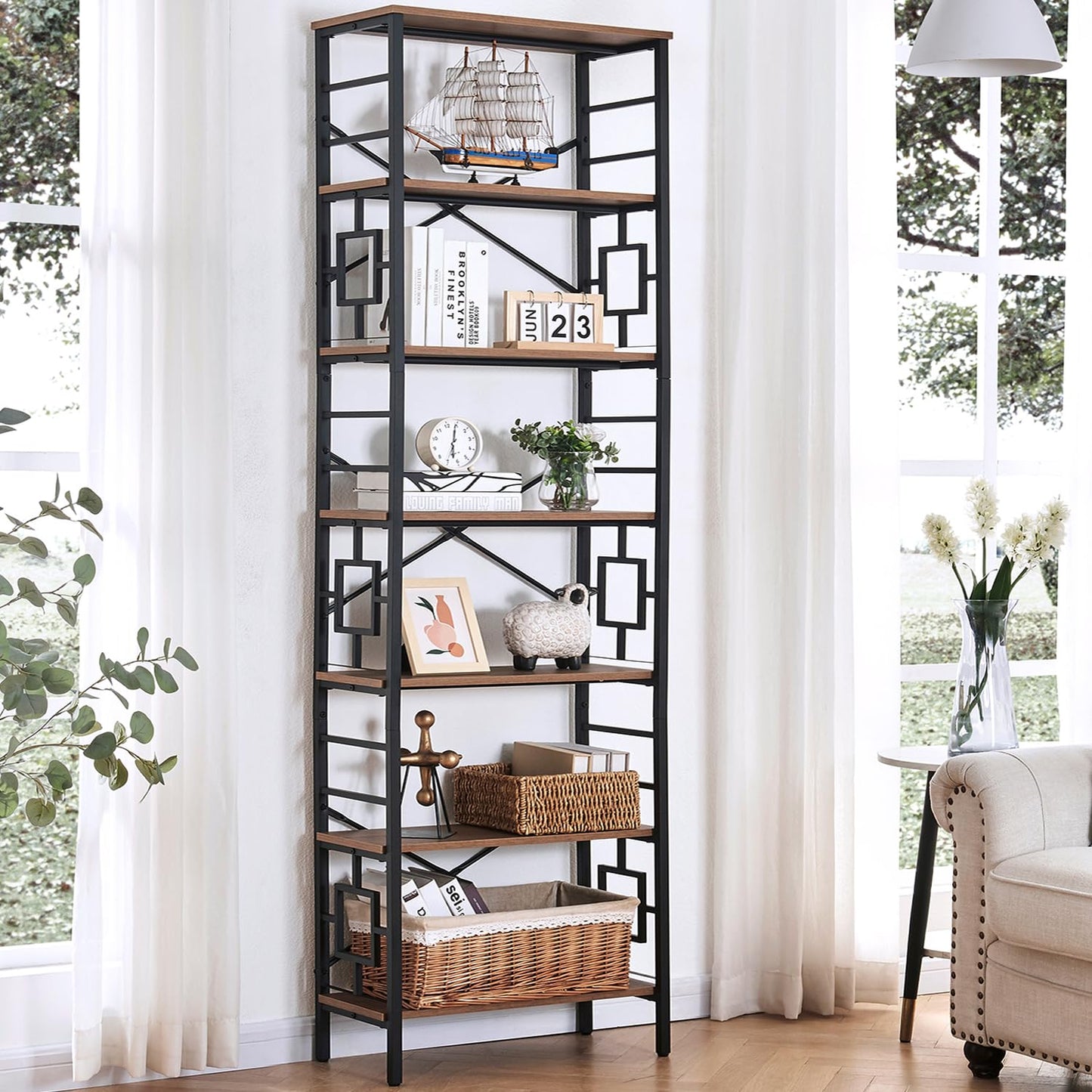 HOMISSUE Tall Bookshelf, 84 Inch Industrial Bookshelf with Metal Frame and Open Shelves, 7 Tier Metal Bookshelves and Bookcases, Rustic Tall Book Shelf for Office, Living Room and Bedroom, Brown