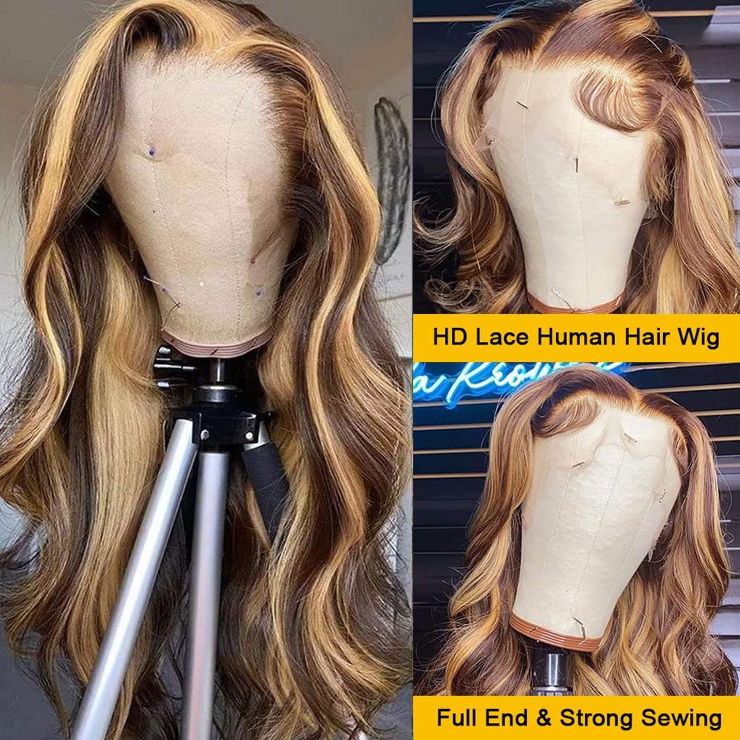 SPOU Highlight Ombre 13x6 Lace Front Wig Human Hair 28 Inch Body Wave Honey Blonde Glueless HD Transparent Lace Frontal Wigs for Women 180 Density Human Hair Pre Plucked with Baby Hair