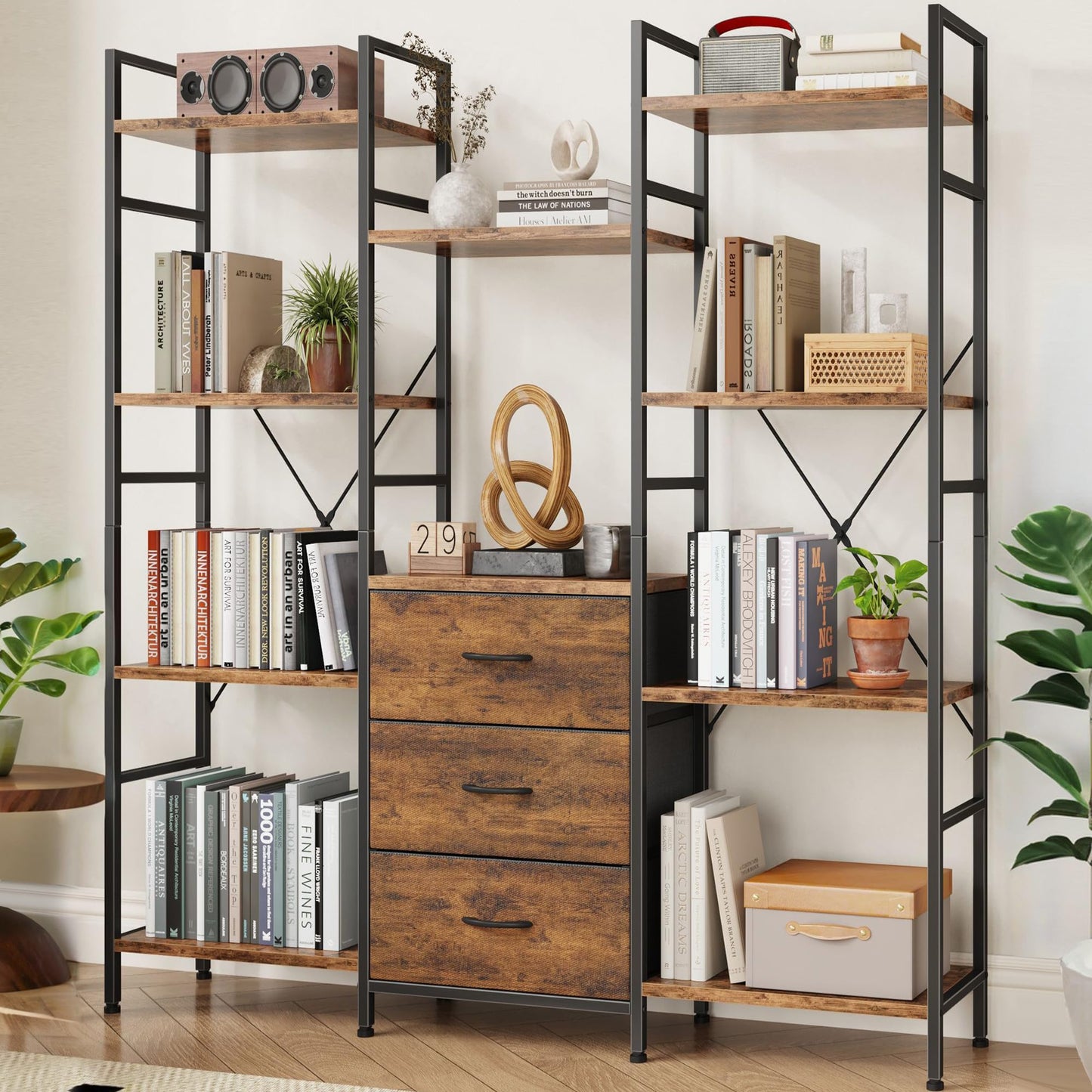 AFLUI Triple Bookshelf with 3 Drawers, Wide 4-Tier Book Shelf and 10 Display Shelves, Industrial Large Bookcase for Home & Office, Rustic Brown