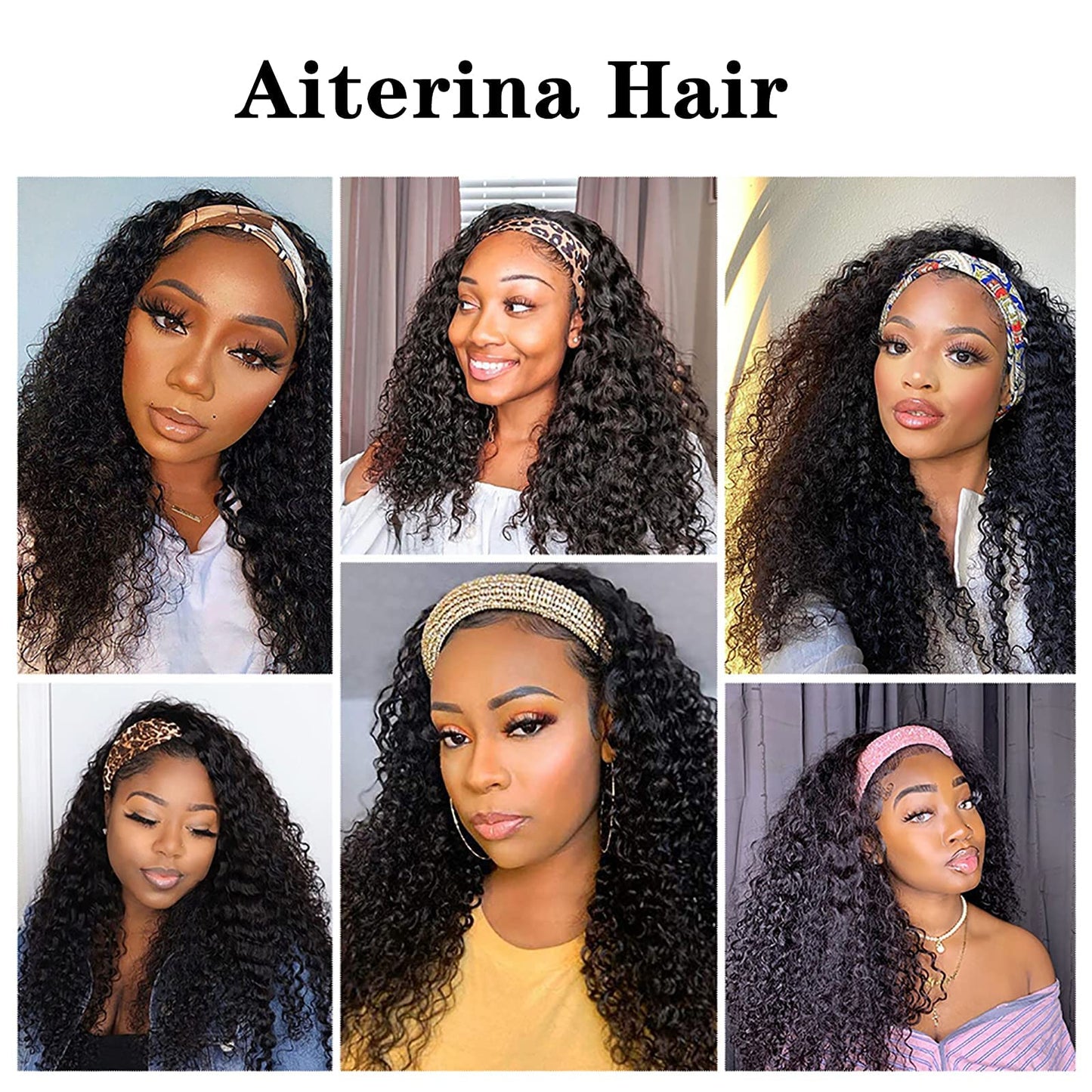 Aiterina Headband Wig Deep Wave 12 Inch Human Hair Headband Wig Curly hair Glueless Human Hair Wigs Machine Made No Lace deep Curly Headband Wig Natural color