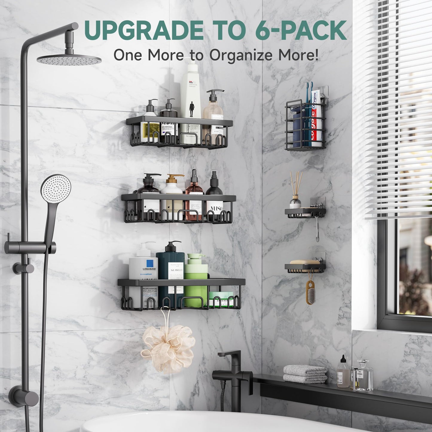 Veken Stainless Steel Shower Caddy 6-Pack, Adhesive Rustproof Shelves Rack with Soap Holder, Large Capacity Bathroom Organizers and Storage, No Drilling Wall-Mounted Kitchen & Home Decor, Bath Decor