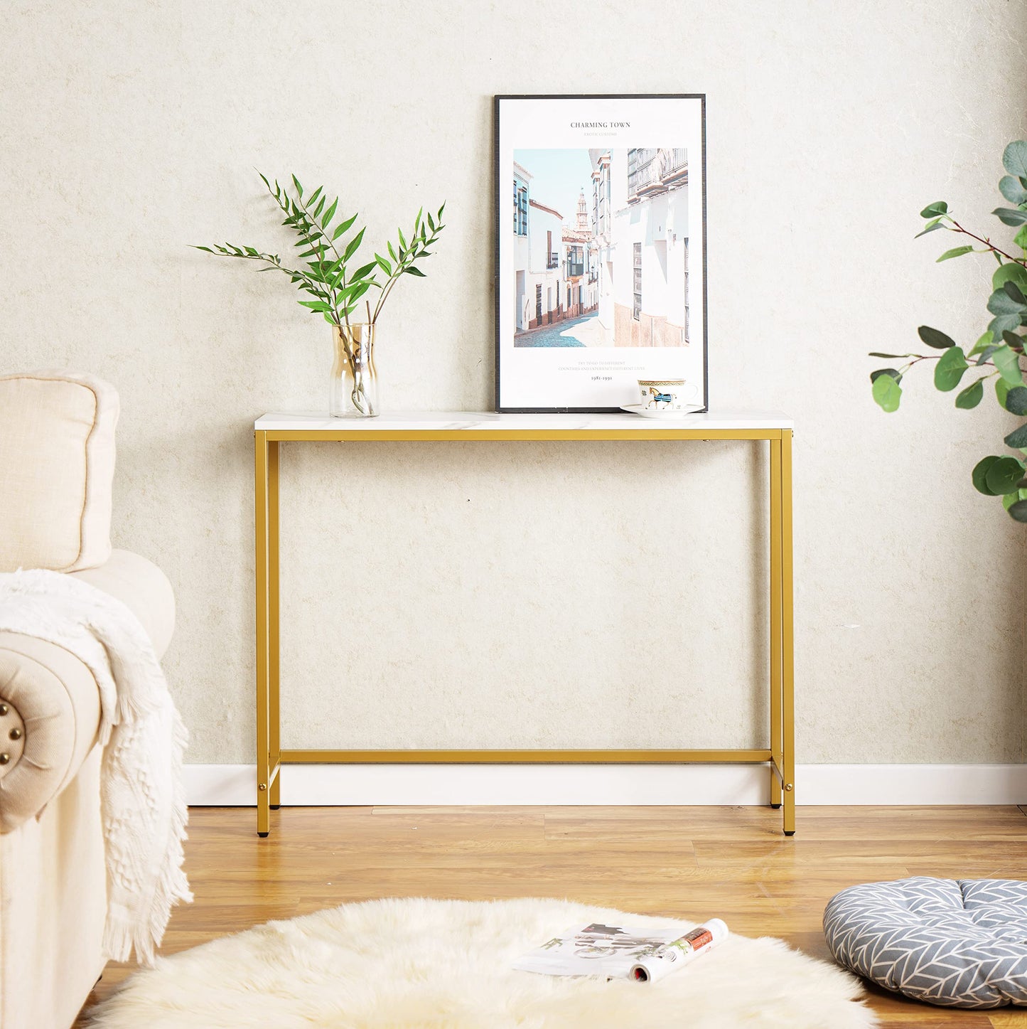 loglus Console Table for Entryway, Faux Marble MDF Sofa Table with Golden Frame (Single Layer, White Marble)