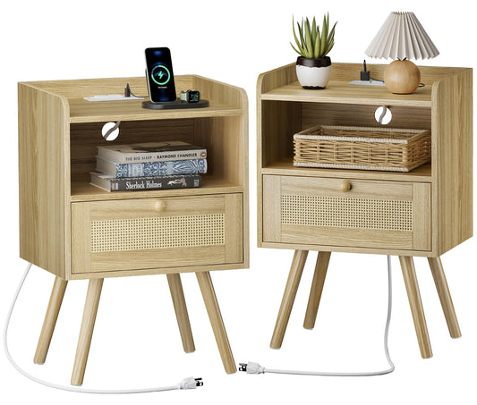 SUPERJARE Nightstands Set of 2, Night stands with Charging Station & PE Rattan Decor Drawer, Bed Side Tables with Solid Wood Feet, End Table, for Bedroom, Living Room - Natural