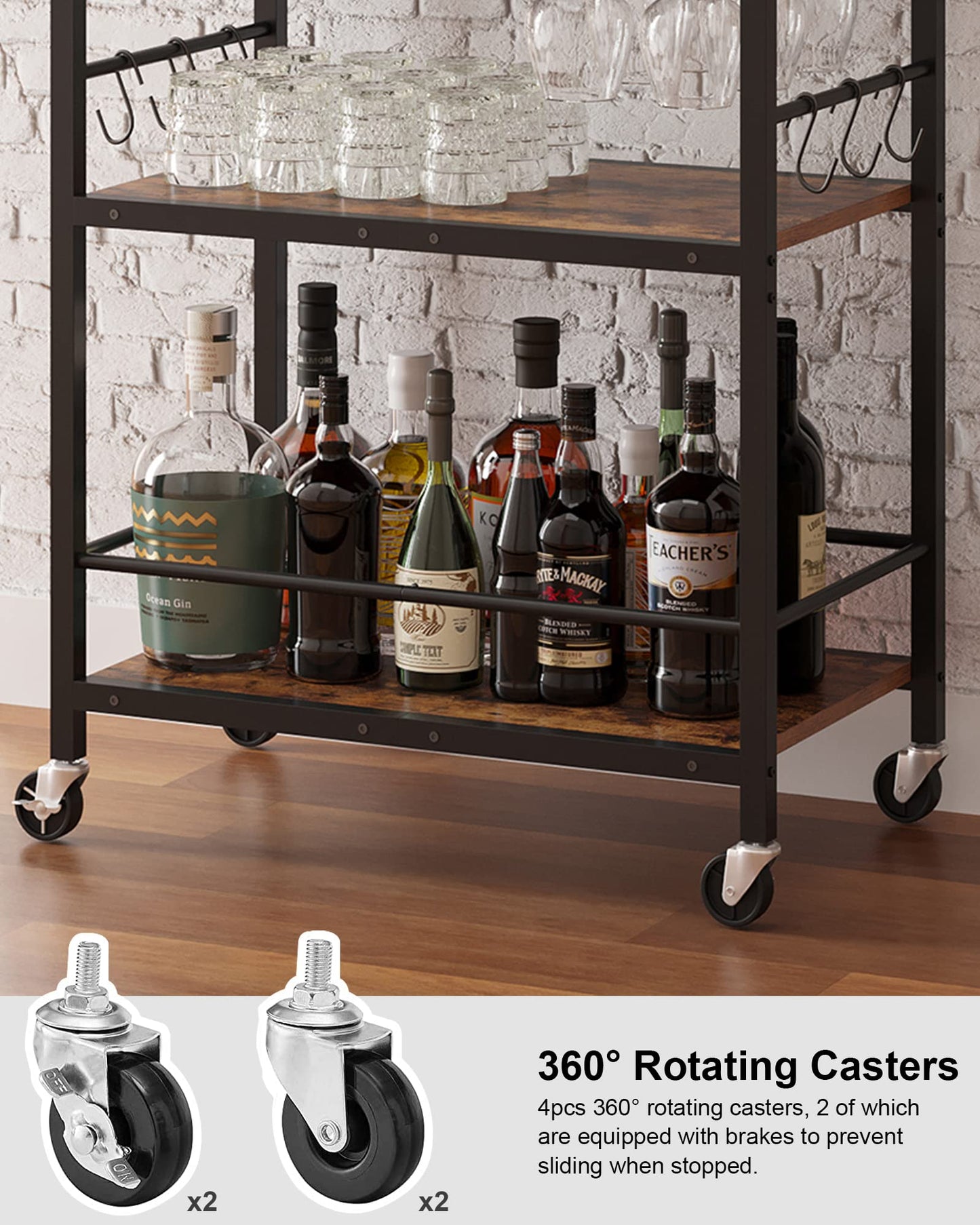 TUTOTAK Bar Cart, Serving Cart for Home, Microwave Cart, Drink Cart, Mobile Kitchen Shelf with Wine Rack and Glass Holder, Rolling Beverage Cart BC01BB030