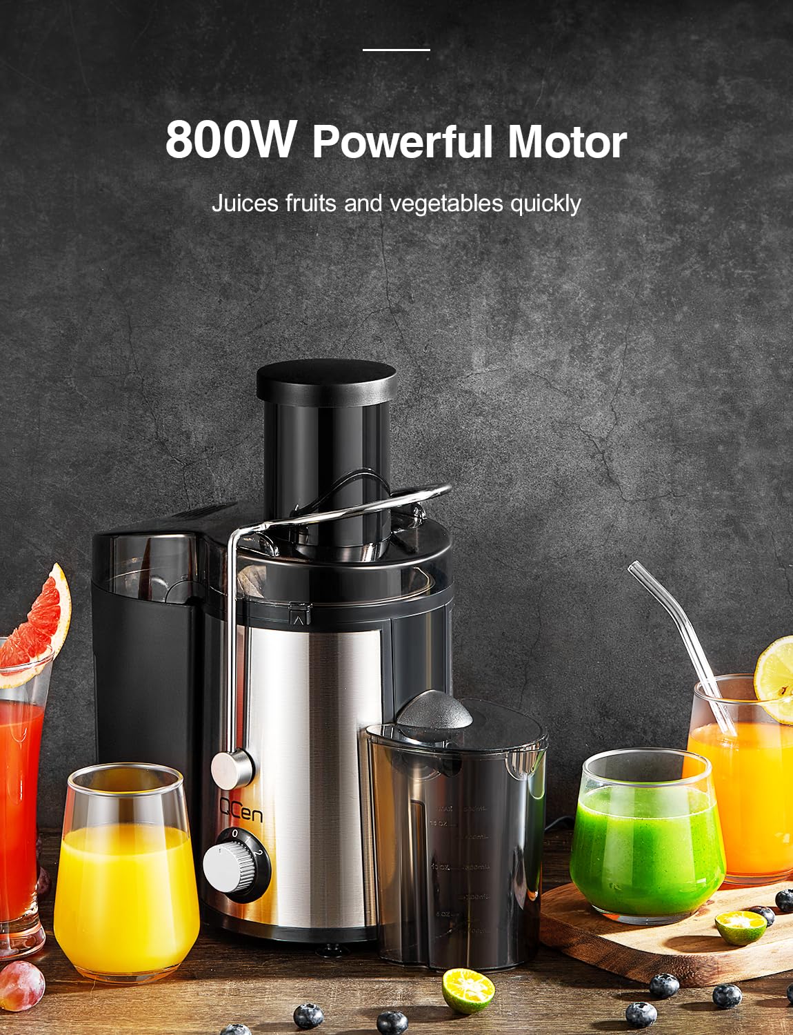 Qcen Juicer Machine, 800W Centrifugal Juicer Extractor with Wide Mouth 3” Feed Chute for Fruit Vegetable, Easy to Clean, Stainless Steel, BPA-free (Black)