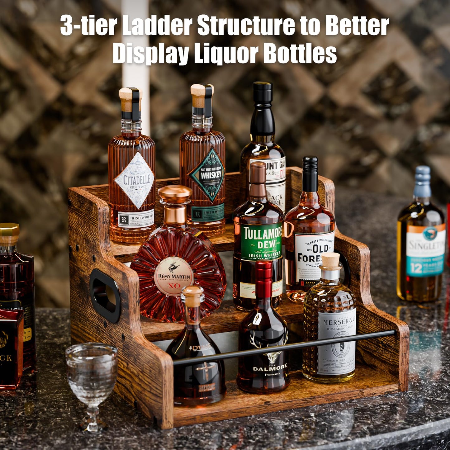 KLM Liquor Bottle Display Shelf, Coffee Syrup Rack Organizer, 3 Step Countertop Liquor Wine Rack, Mini bar,Liquor Cabinet, Home Retro Bar Shelf Stand for Liquor Whiskey, Spirits