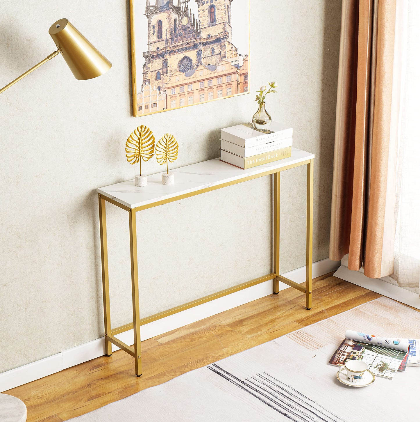 loglus Console Table for Entryway, Faux Marble MDF Sofa Table with Golden Frame (Single Layer, White Marble)