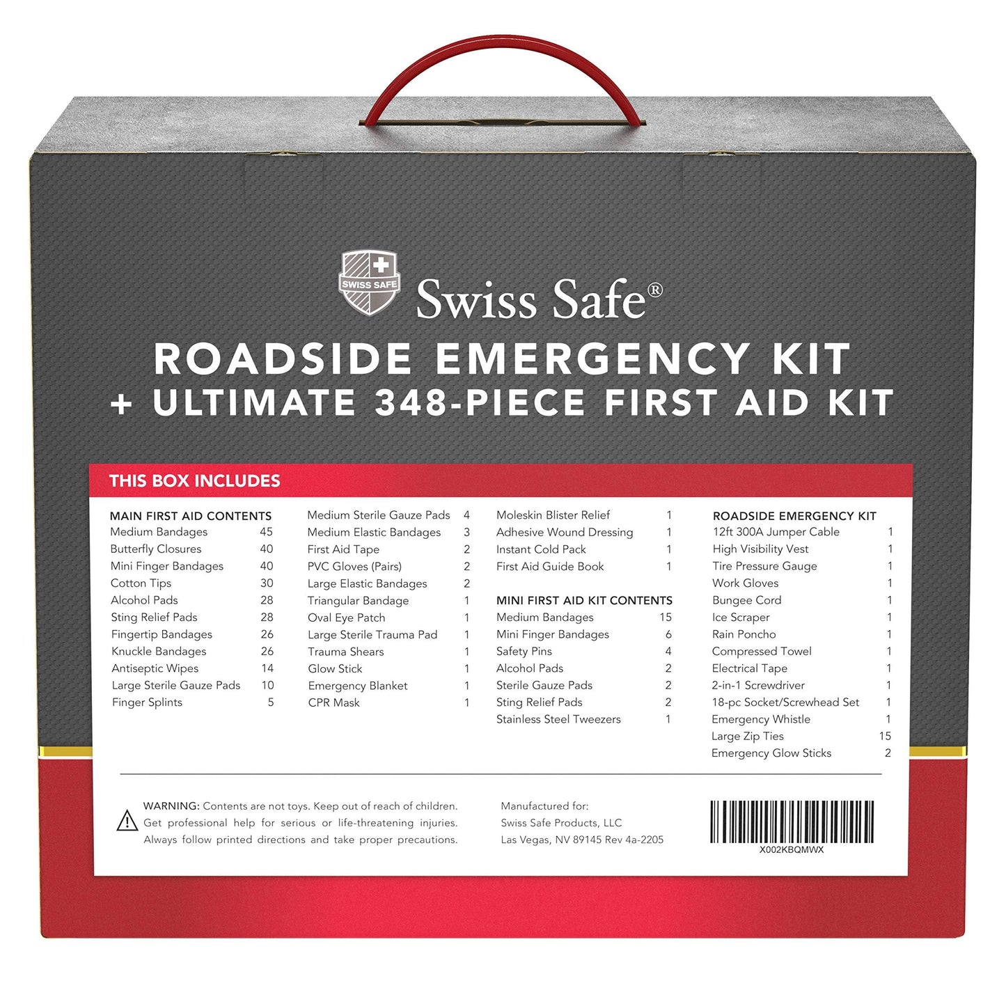 Swiss Safe 2-in-1 Survival Car Emergency Kit for Vehicles - Compact & Portable Car Safety Kit w/Travel Bag + Bonus Car First Aid Kit (378 Piece) - 12-Foot Jumper Cables - Auto Essentials