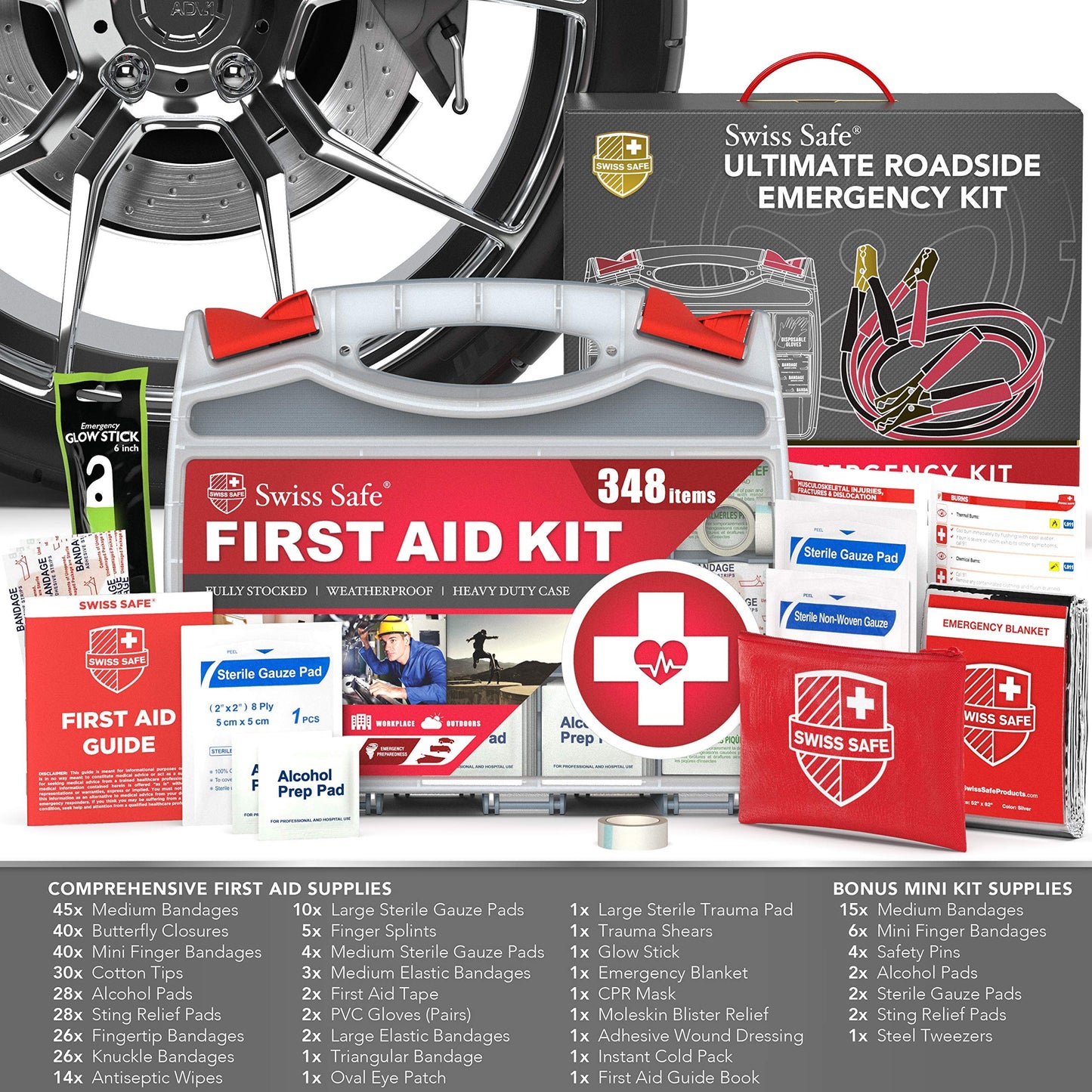 Swiss Safe 2-in-1 Survival Car Emergency Kit for Vehicles - Compact & Portable Car Safety Kit w/Travel Bag + Bonus Car First Aid Kit (378 Piece) - 12-Foot Jumper Cables - Auto Essentials