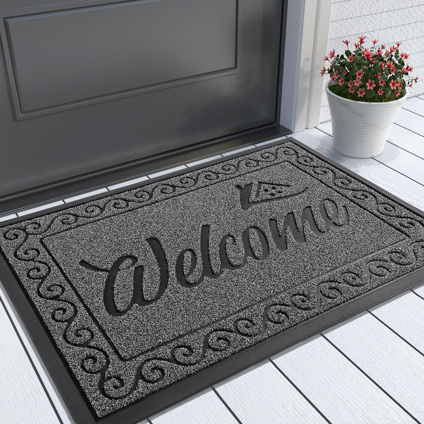 Yimobra Welcome Mat, Heavy Duty Sturdy Door Mats for Home Entrance Outdoor Indoor, Front Doormat for Outside Patio Floor Entry Porch Garage Office, Waterproof, Low Profile, 29.5 x 17, Black Grey