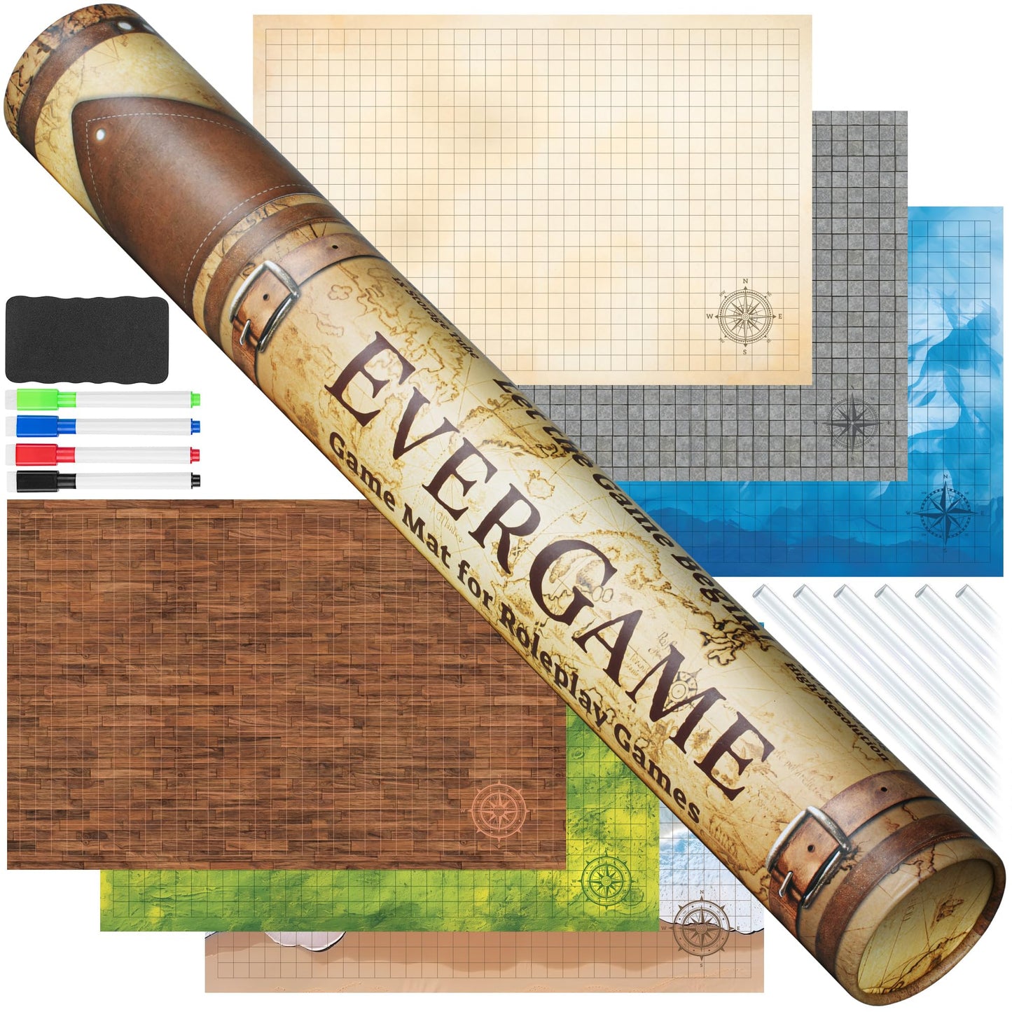 EverGame - Dungeons and Dragons Game Mats - 24x36 / 61x91cm - Ultimate DND Board Game Battle Maps w/ 6 Unique Terrains & Storage Tube - 1" Square Grid - Epic Role Playing Gaming Experience