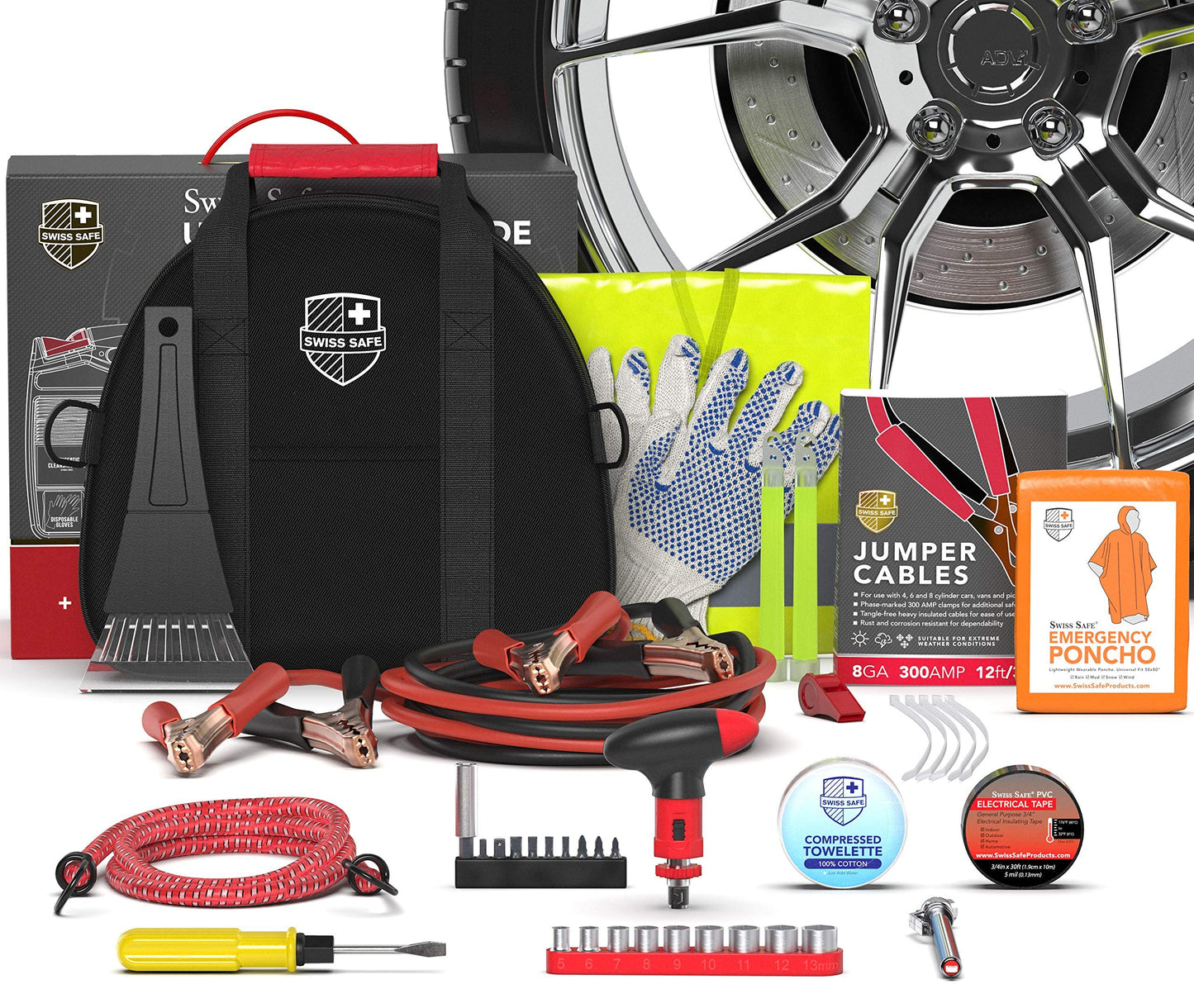 Swiss Safe 2-in-1 Survival Car Emergency Kit for Vehicles - Compact & Portable Car Safety Kit w/Travel Bag + Bonus Car First Aid Kit (378 Piece) - 12-Foot Jumper Cables - Auto Essentials