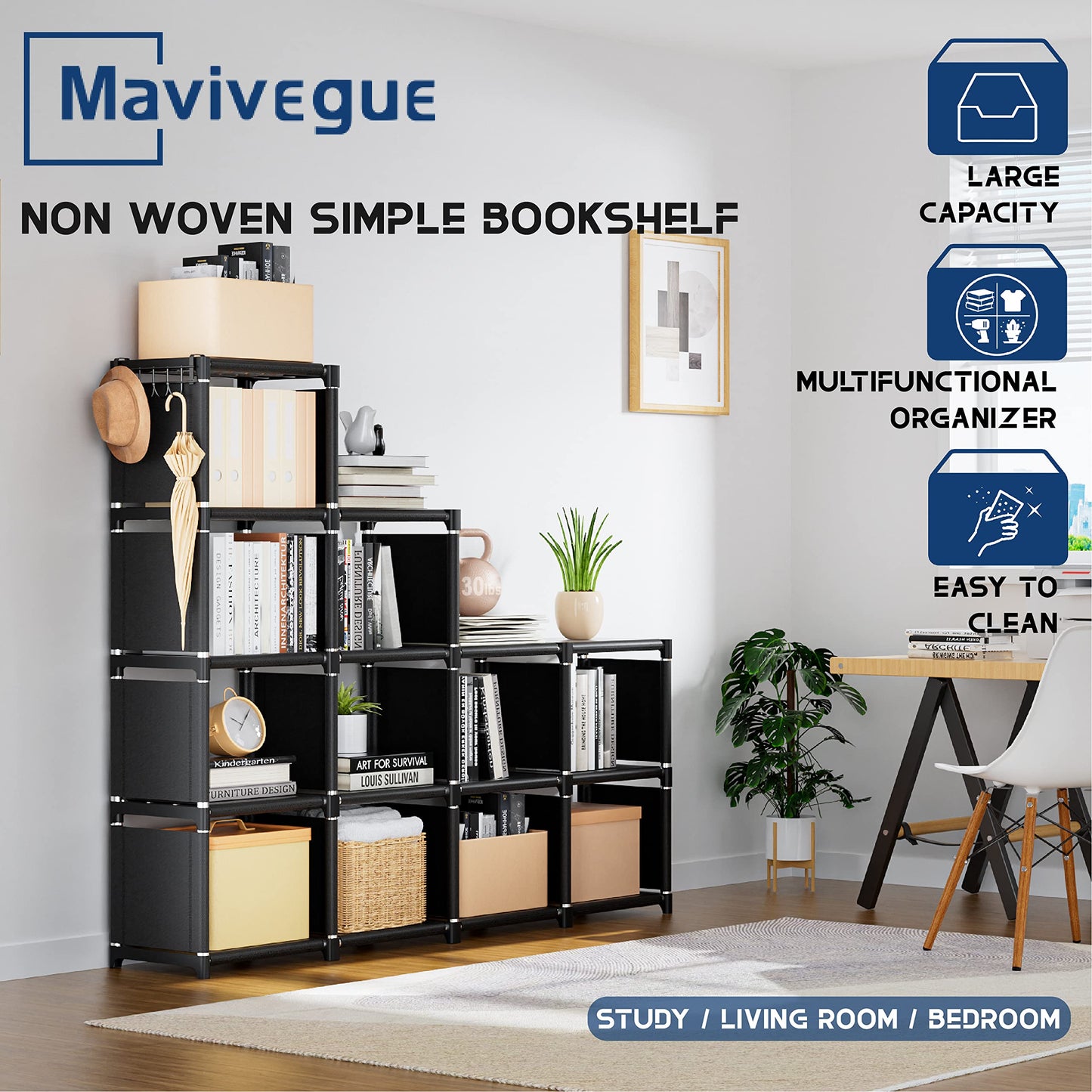 Mavivegue Book Shelf, 12 Cube Storage Organizer, DIY Bookcase, Metal Bookshelf,Tall Book case for Bedroom, Living Room,Office,Closet, Black Cubicle Rack