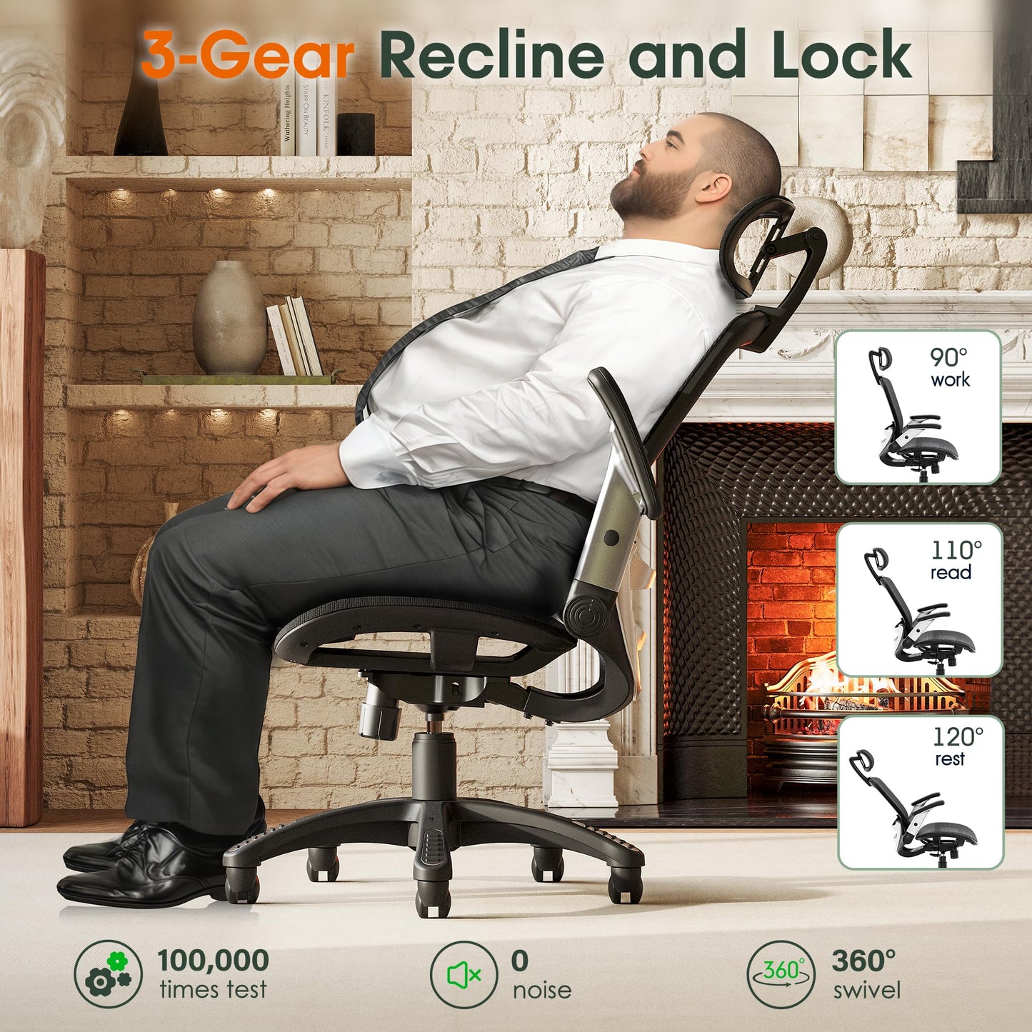 GABRYLLY Ergonomic Office Chair, High Back Home Desk Chair with Headrest, Flip-Up Arms, 90-120° Tilt Lock and Wide Cushion, Big and Tall Mesh Chairs for Man Woman, Black Task Chair